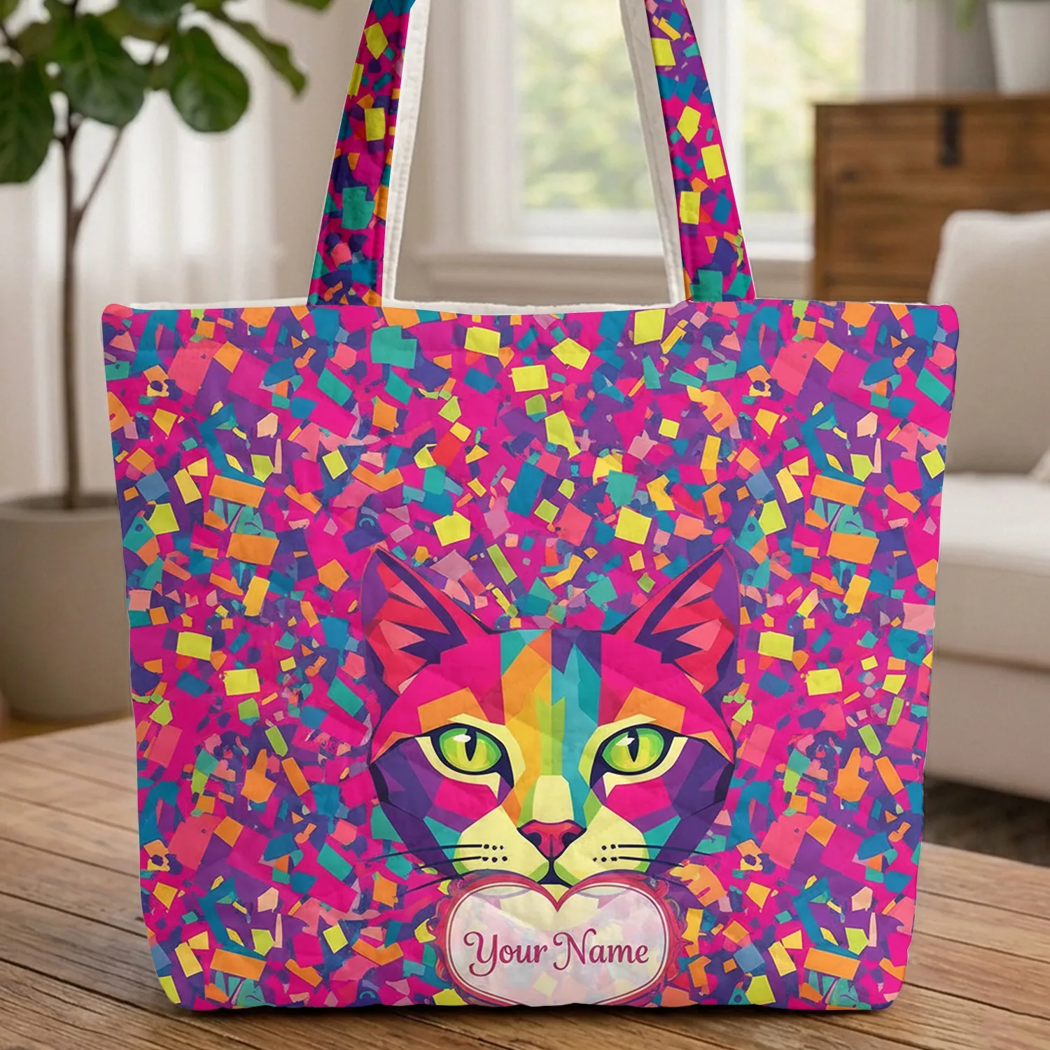 Vibrant Faceted Color Block Cat Face Lime Green Eyes Name Heart - Cat Lover Everyday Carry Gift Quilted Tote Bag - 1