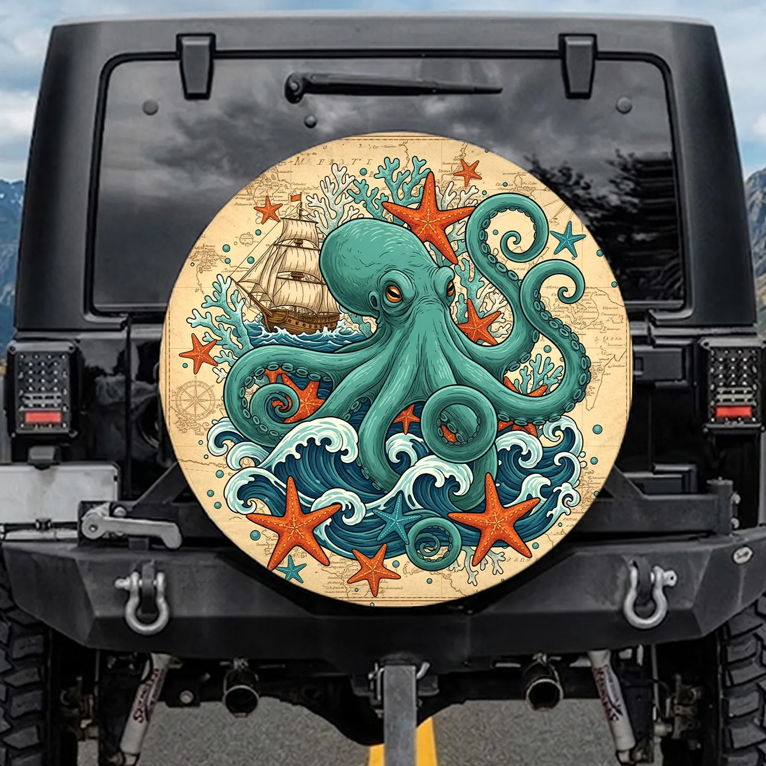 Teal Green Octopus Sailing Ship Starfish Coral Nautical Map - Ocean Adventure Travel Gift Spare Tire Cover - 1
