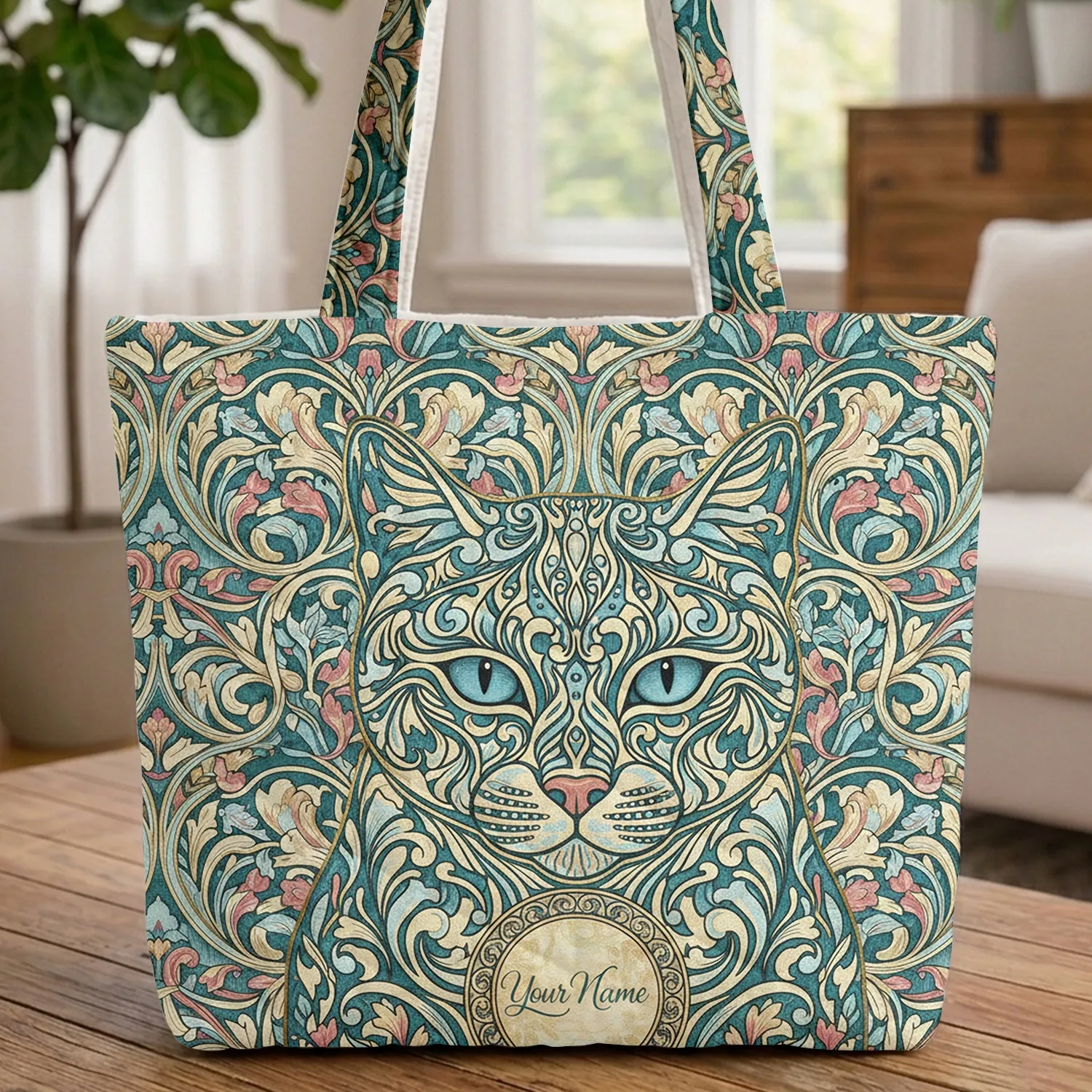 Majestic Art Nouveau Cat Face Botanical - Travel Essentials Cat Lover Gift Quilted Tote Bag - 1