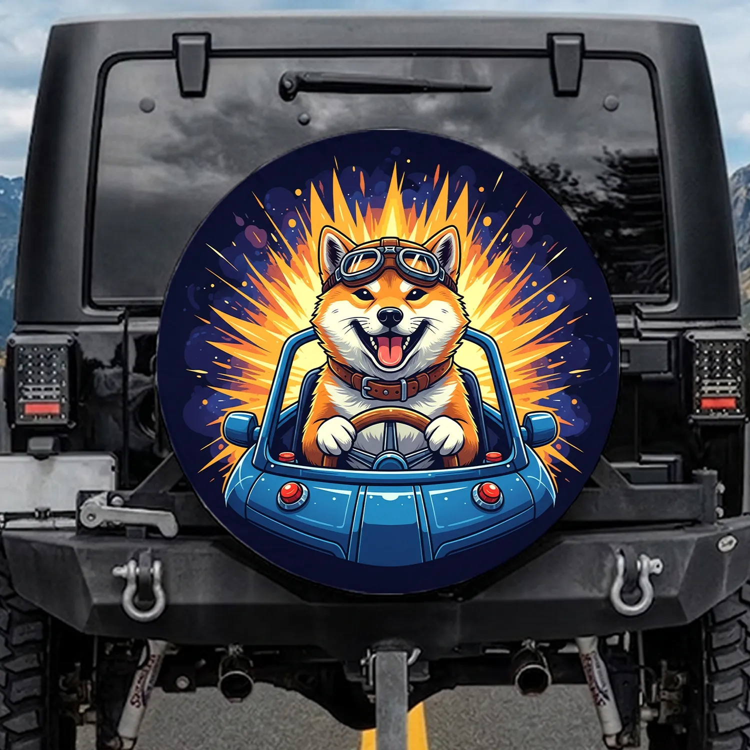 Shiba Inu Aviator Dog Steering Wheel - Road Trip Driving Adventure Gift Spare Tire Cover - 1