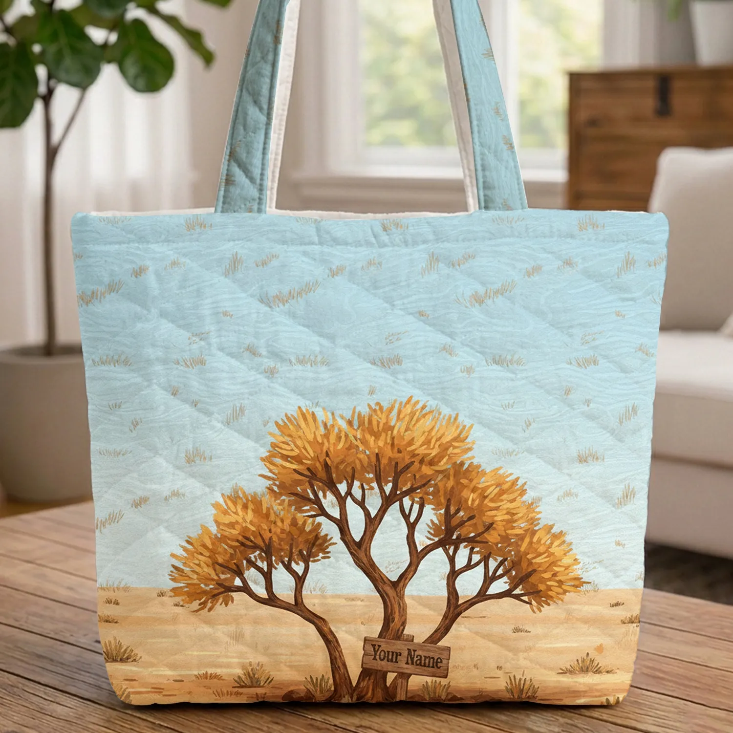 Desert Sand Ripples Gnarled Trees Golden Foliage Wooden Sign - Everyday Carry Gift Quilted Tote Bag - 1