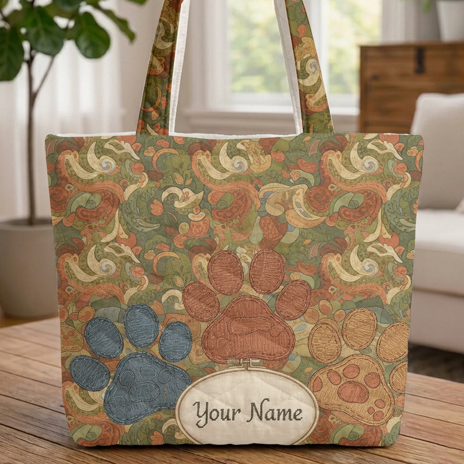 Paw Prints Quilted Folk Art - Everyday Carry Pet Lover Gift Quilted Tote Bag - 1