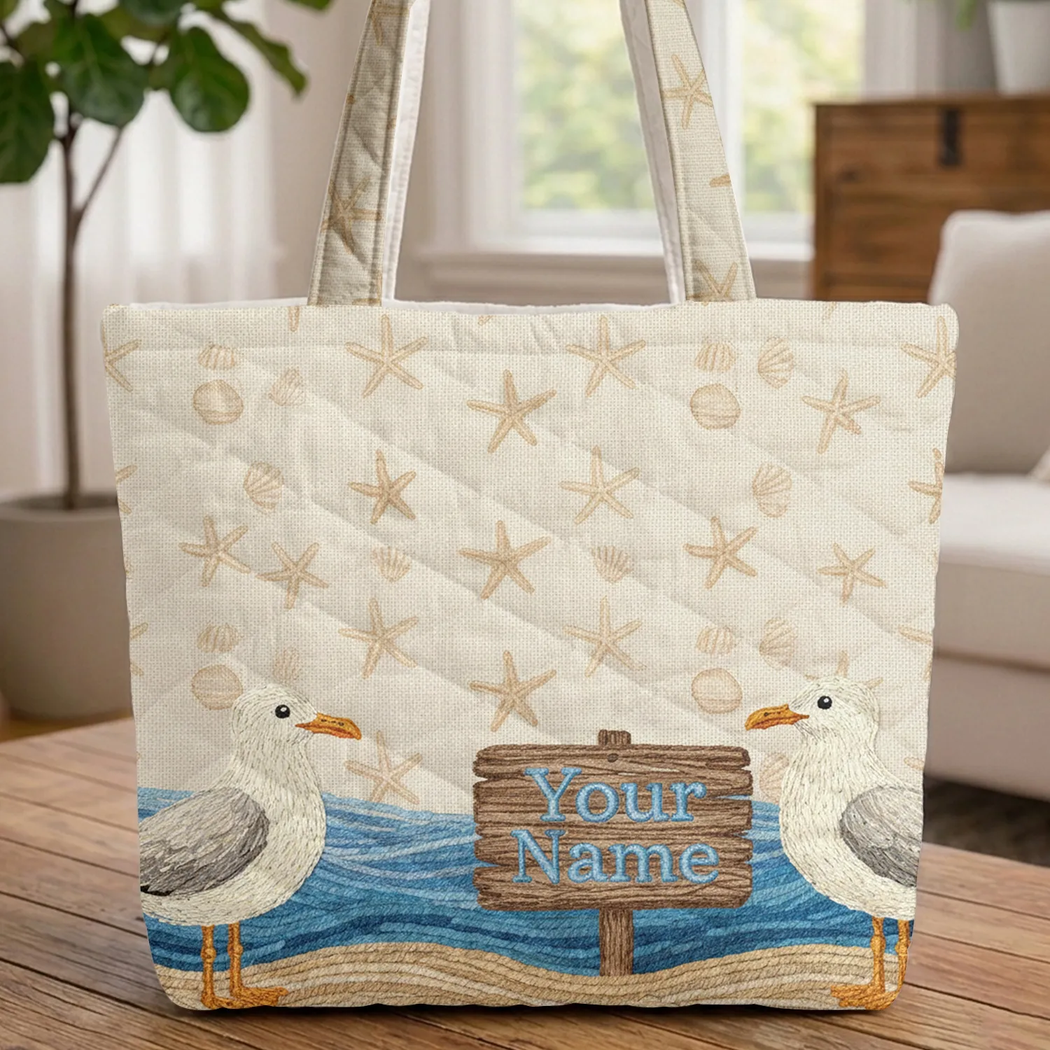Beach Ocean Seagulls Starfish Seashells Travel Essentials Ocean Lover Gift Quilted Tote Bag - 1
