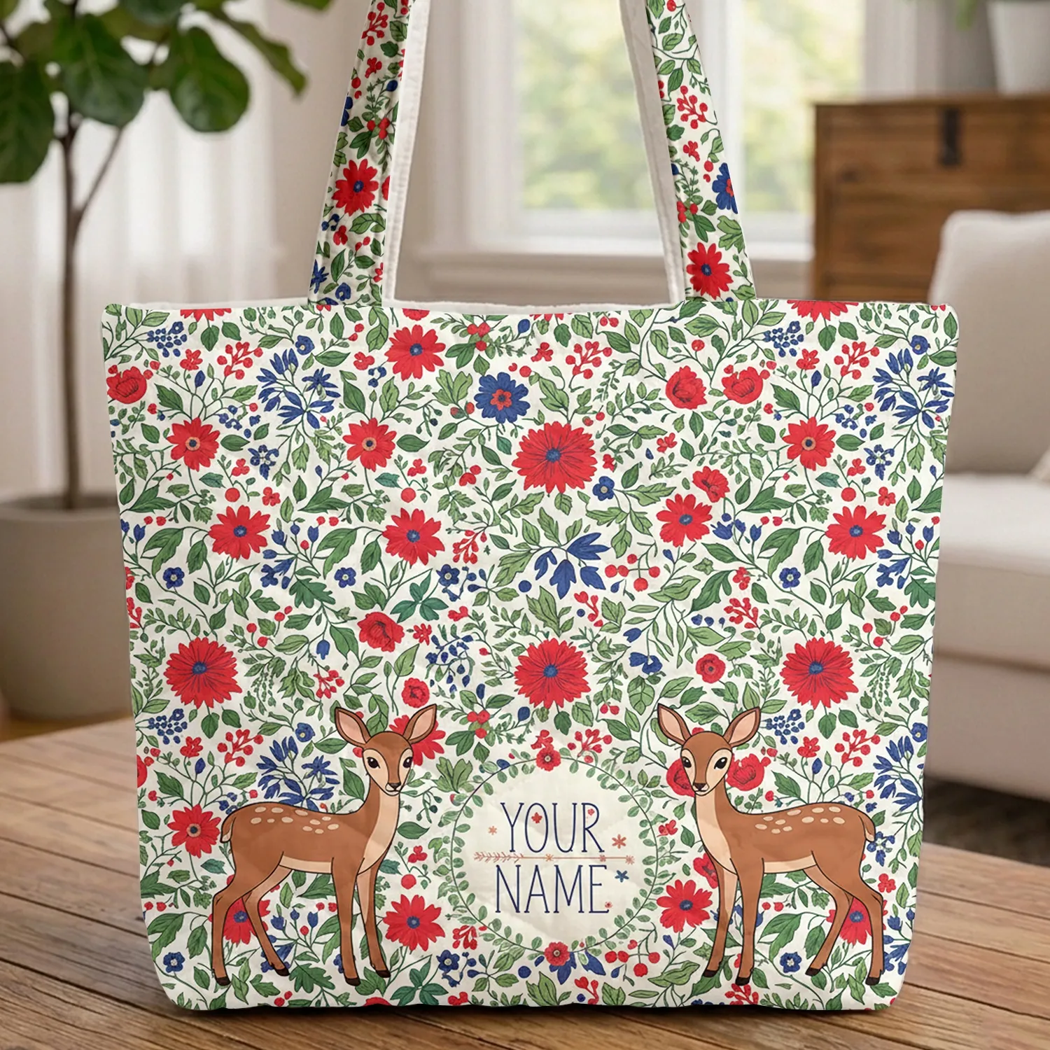 Deer Fawns Botanical Flowers Wreath Personalized - Everyday Carry Gift Quilted Tote Bag - 1
