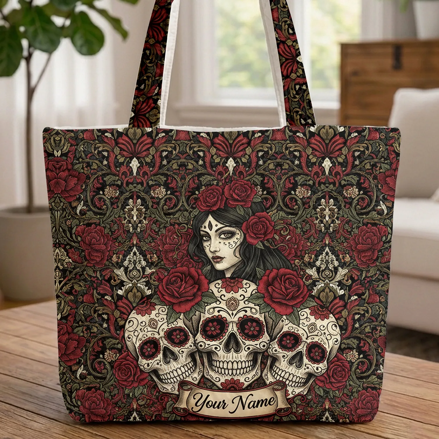 Gothic Floral Sugar Skulls Damask Roses - Everyday Carry Gift Quilted Tote Bag - 1