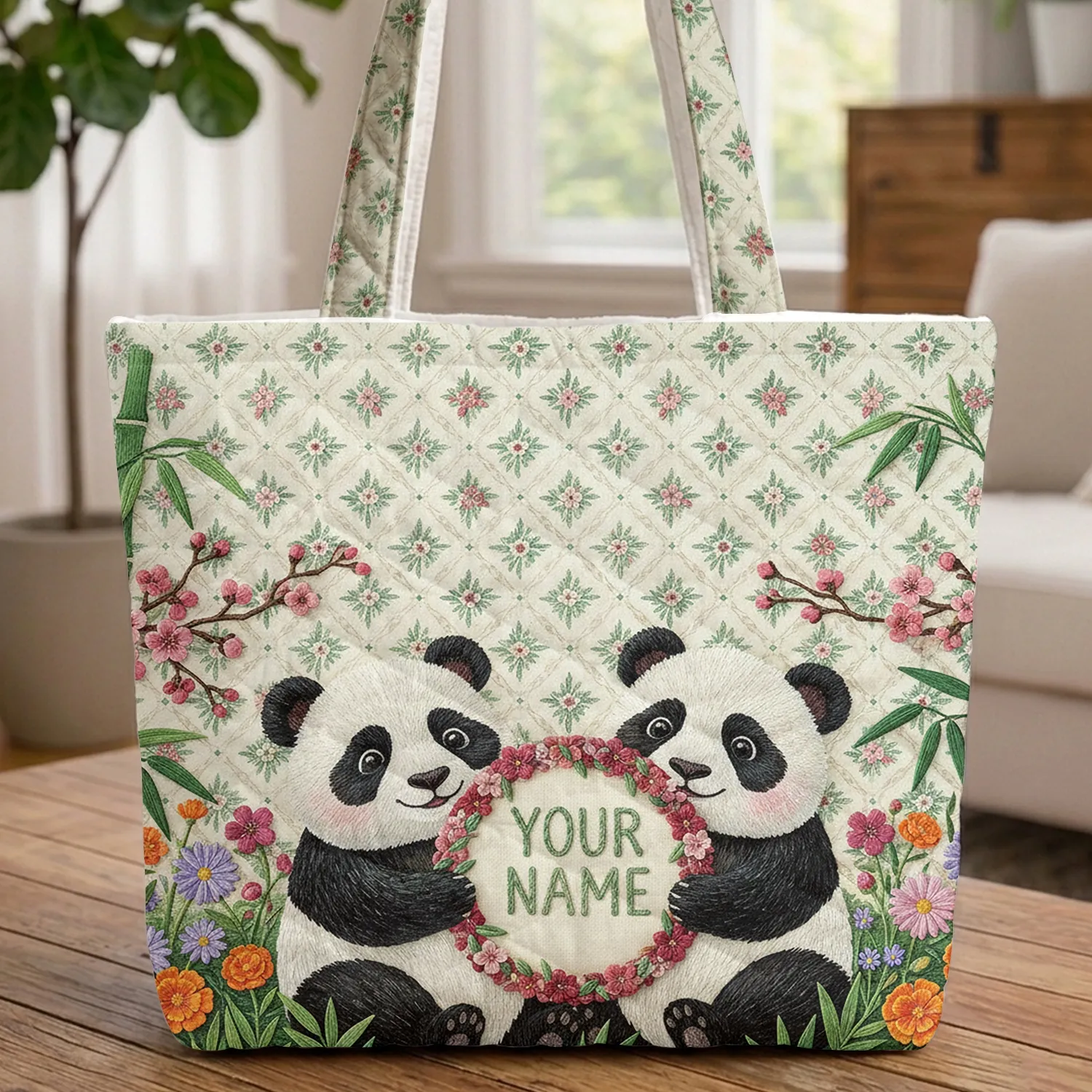 Pandas Bamboo Cherry Blossoms Asters - Wildlife Lover Everyday Carry Gift Quilted Tote Bag - 1