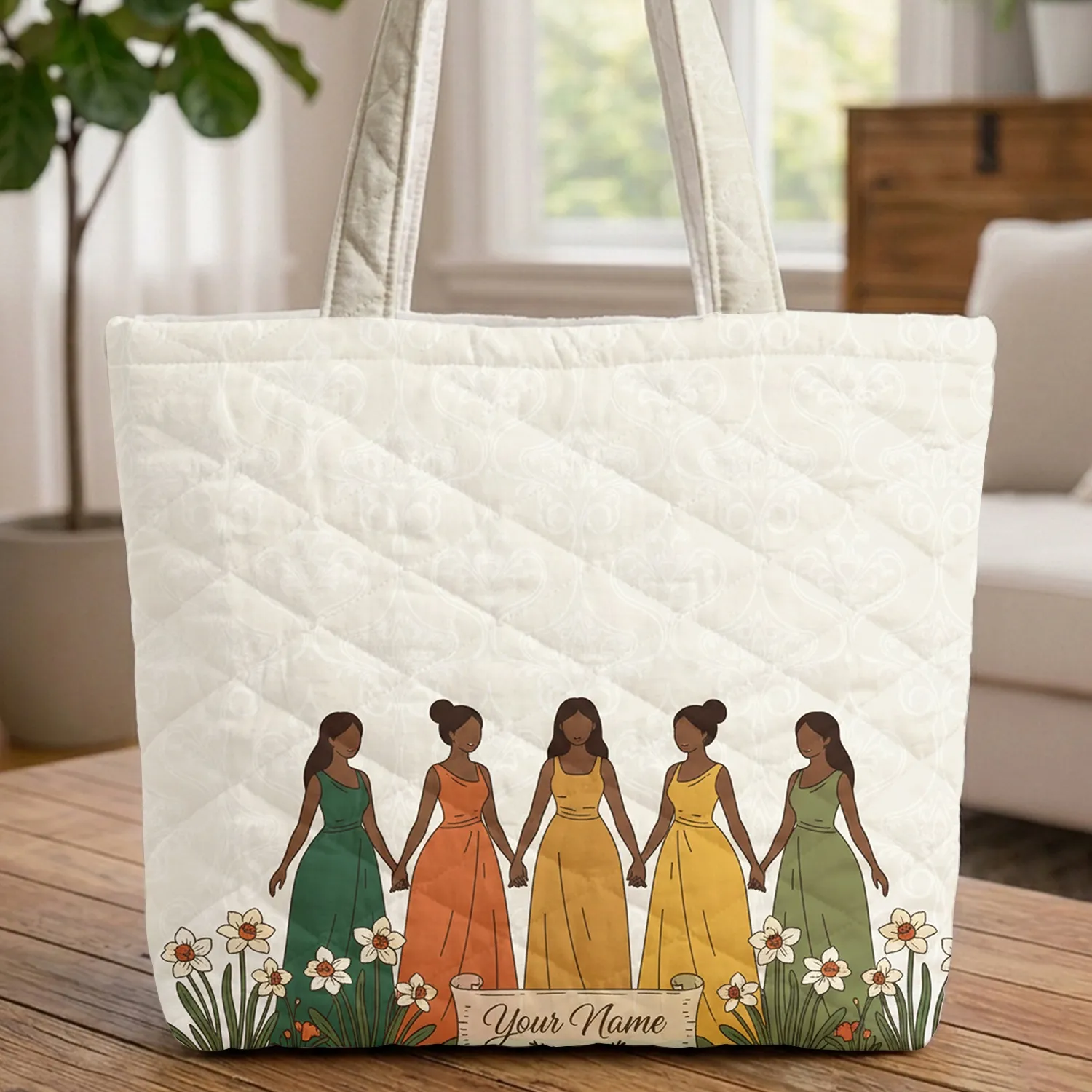 Elegant Women Holding Hands Daffodil Flowers Everyday Carry Gift for Her Quilted Tote Bag - 1