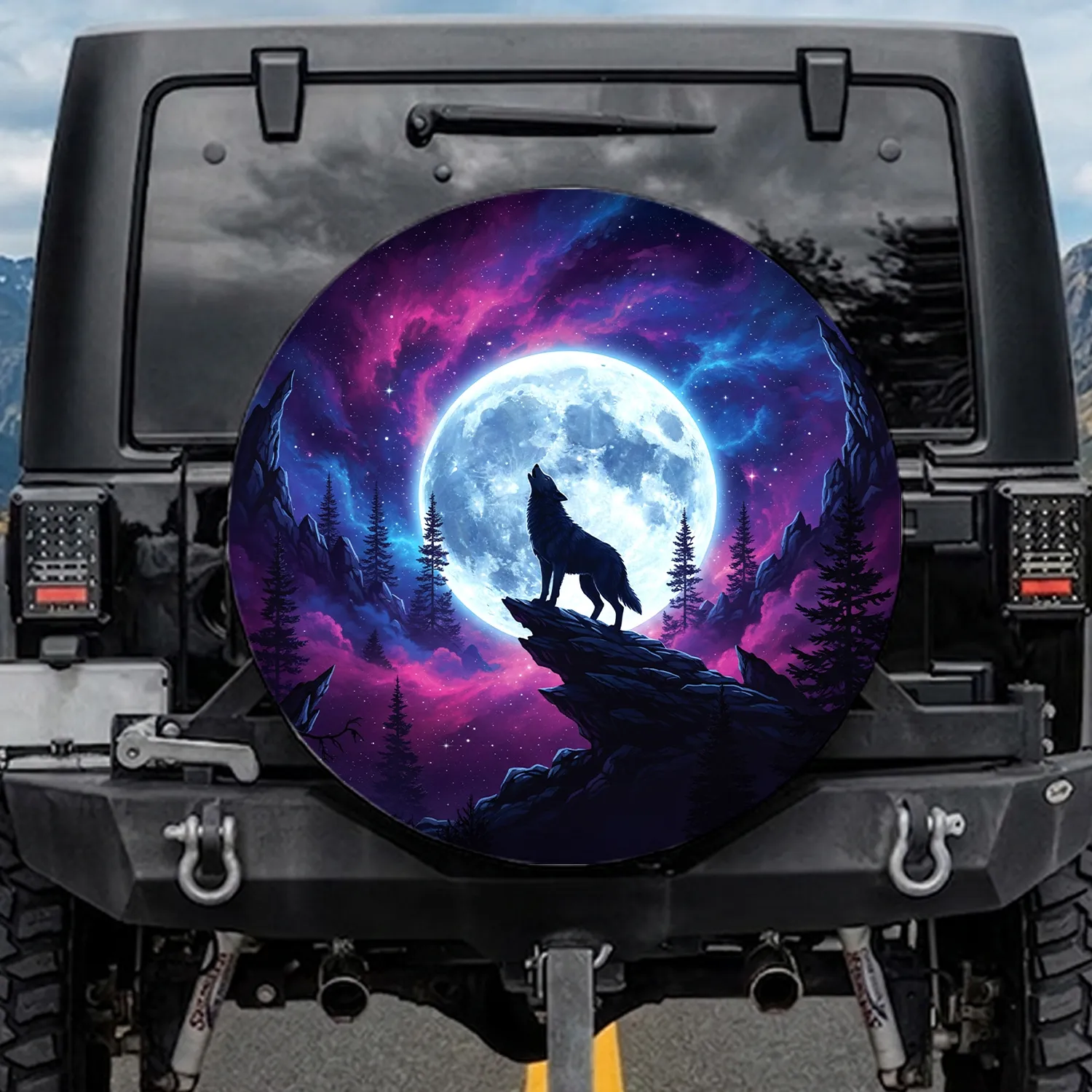 Silhouetted Wolf Howling Full Moon Pine Trees Nebula Sky - Nature Lover Gift Spare Tire Cover - 1
