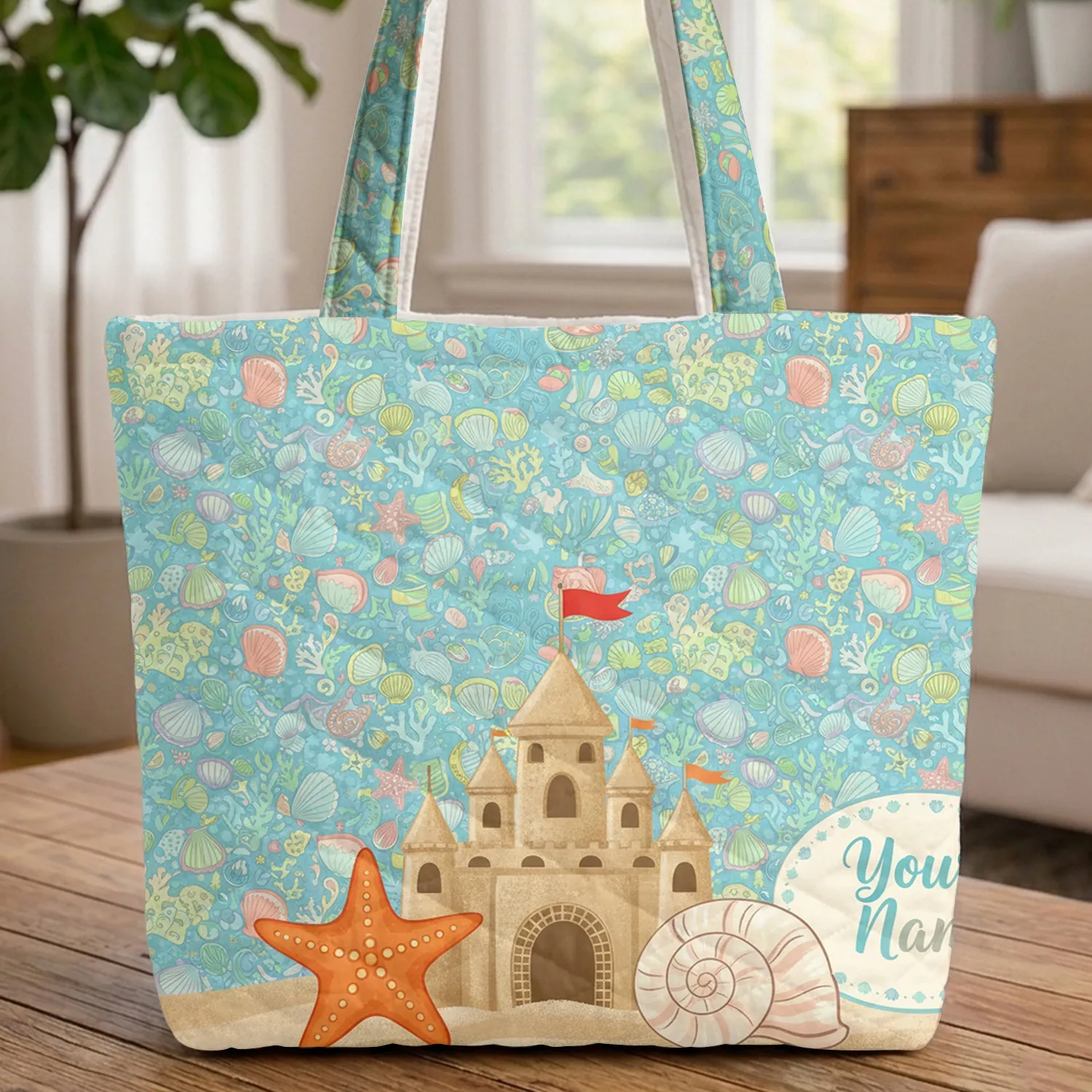 Sandcastle Starfish Conch Shell Seashells Coral Oval Medallion - Coastal Travel Carry Gift Quilted Tote Bag - 1