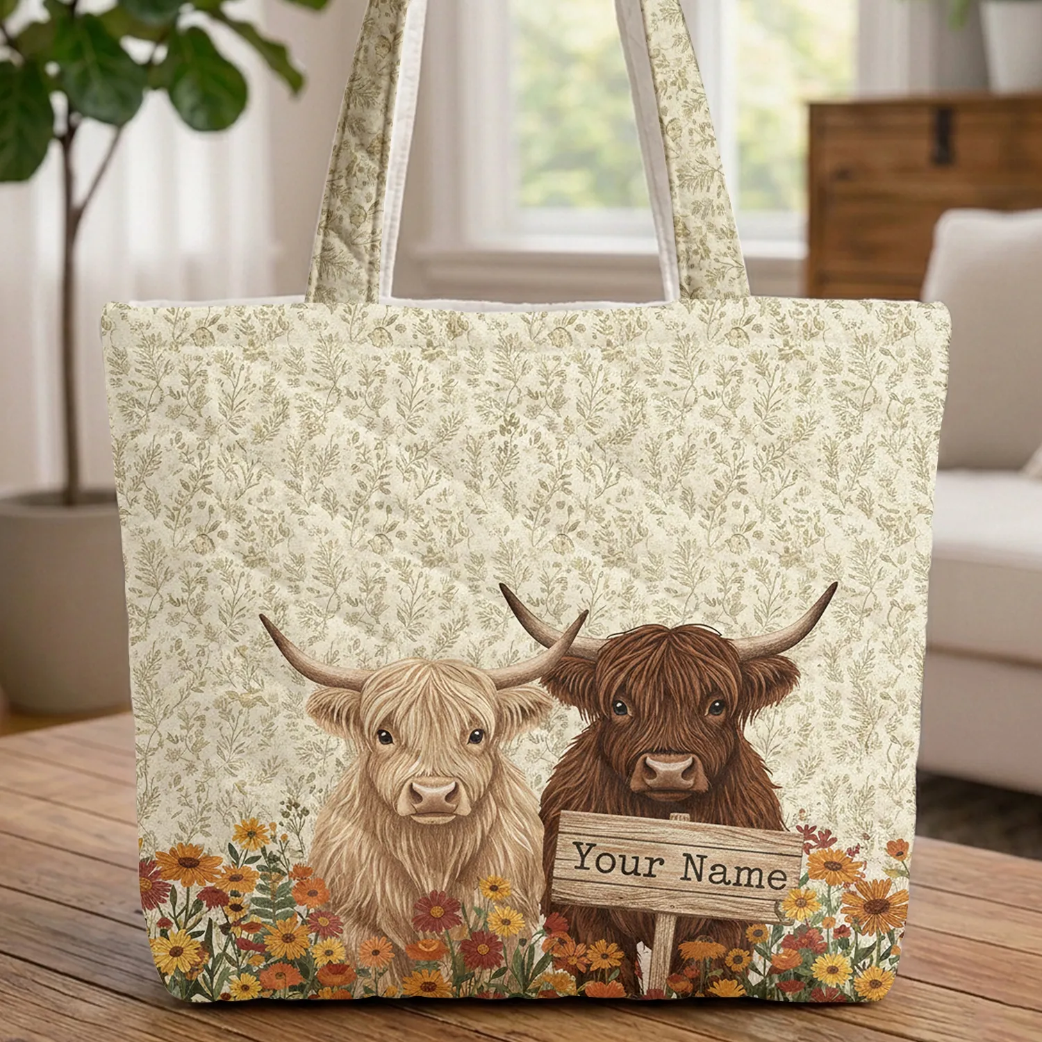 Highland Cows Wildflower Sign Farmhouse - Everyday Carry Gift for Cow Lover Quilted Tote Bag - 1