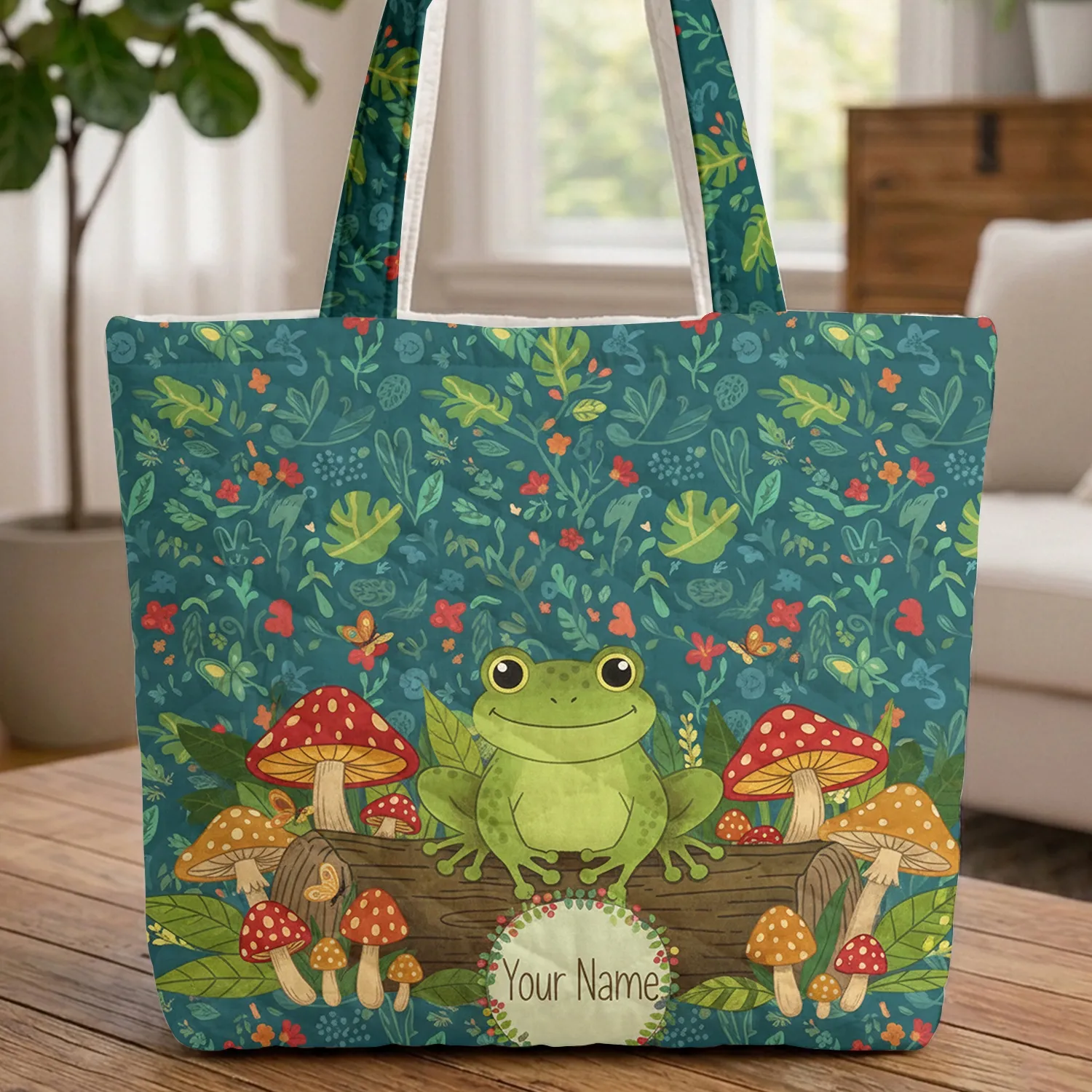 Friendly Green Frog Spotted Mushrooms Jungle Leaves Floral Wreath - Everyday Carry Gift Quilted Tote Bag - 1