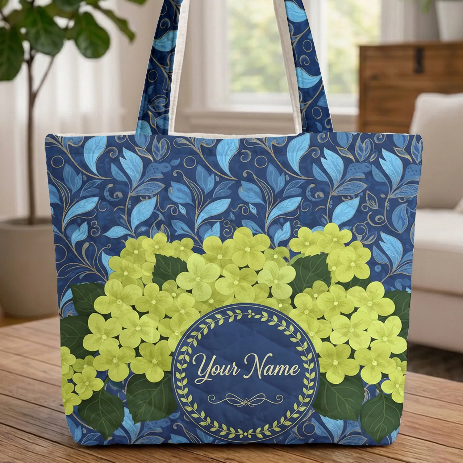 Hydrangeas Blue Botanical Leaf Garland Calligraphy - Everyday Carry Gift Quilted Tote Bag - 1
