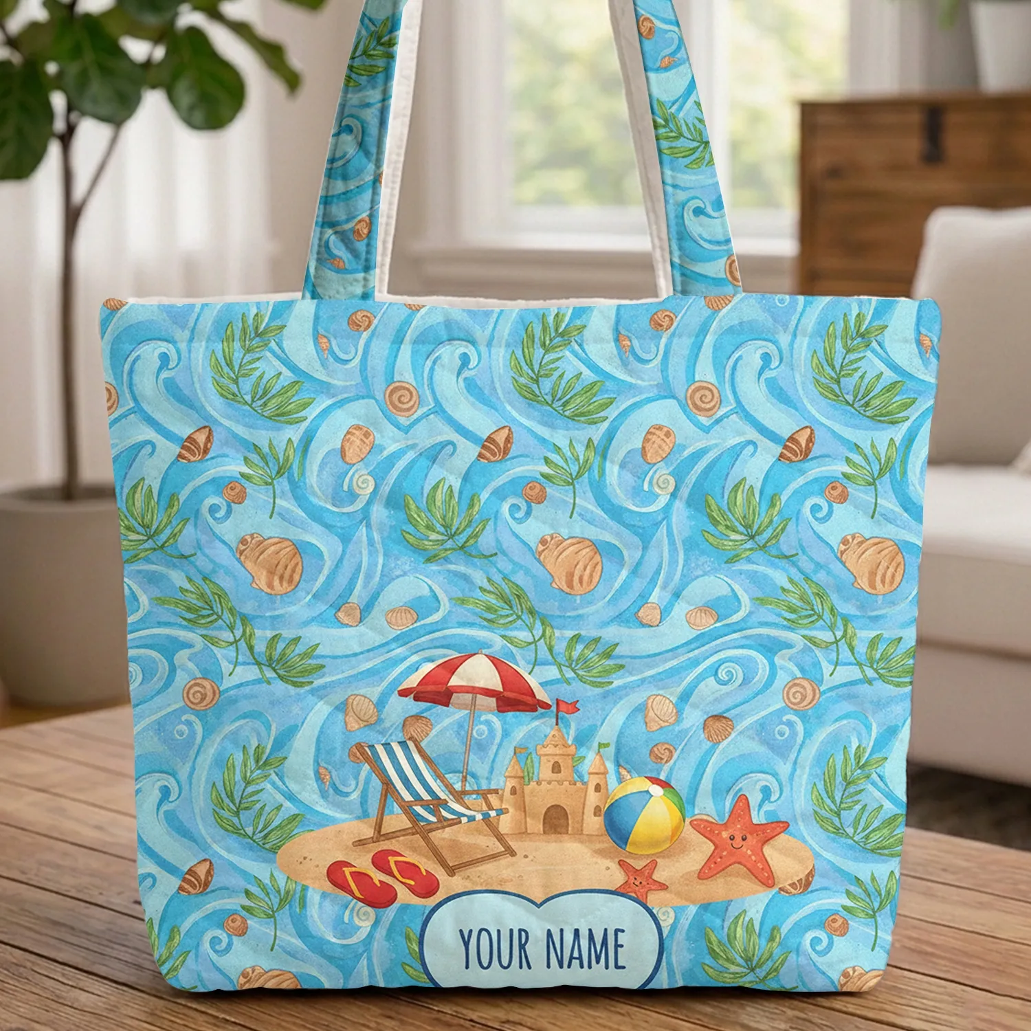 Beach Chair Sandcastle Palm Fronds Ocean Waves Name Heart - Everyday Carry Gift Quilted Tote Bag - 1