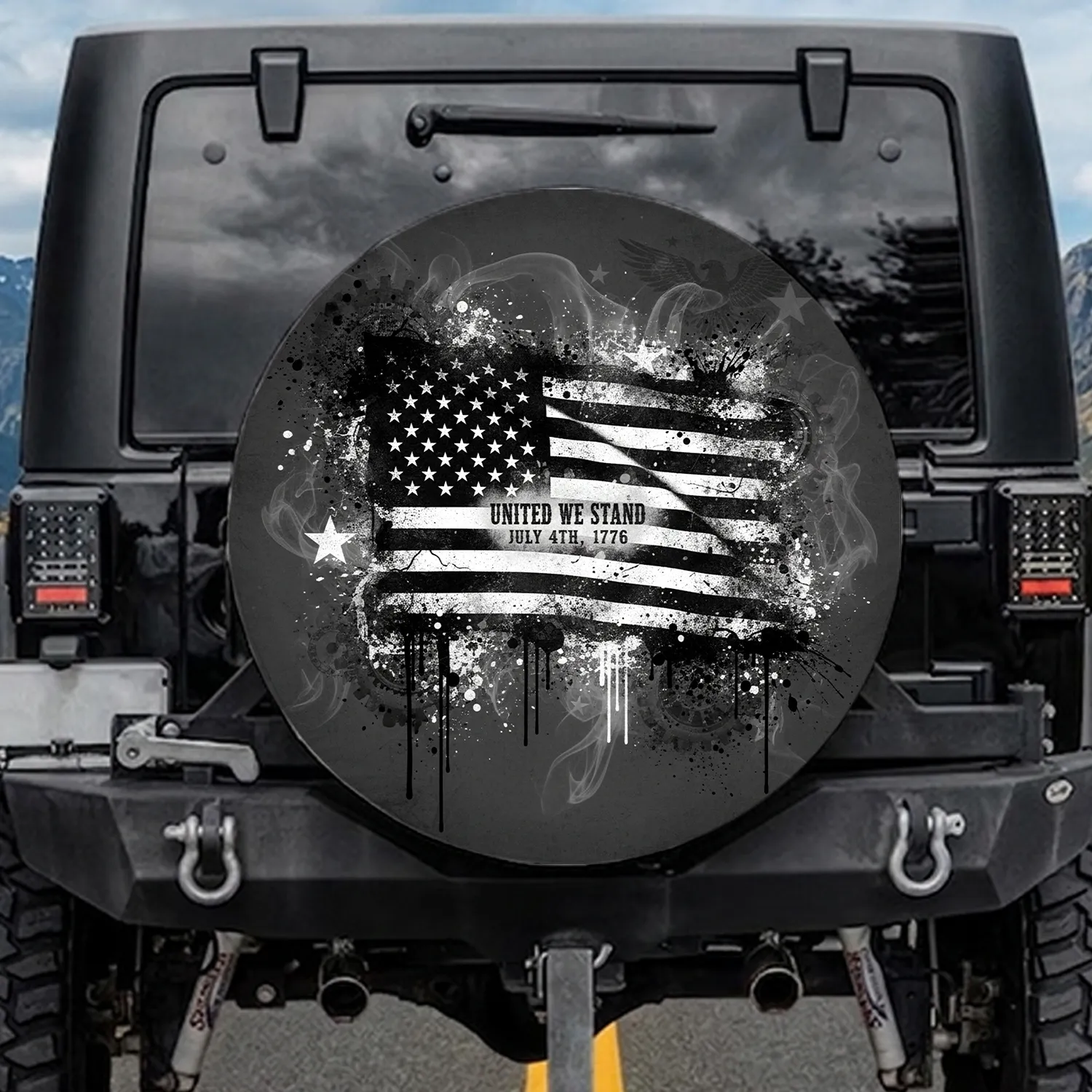 Distressed Black White American Flag Gritty Industrial Textures - Patriotic Vehicle Decor Spare Tire Cover - 1