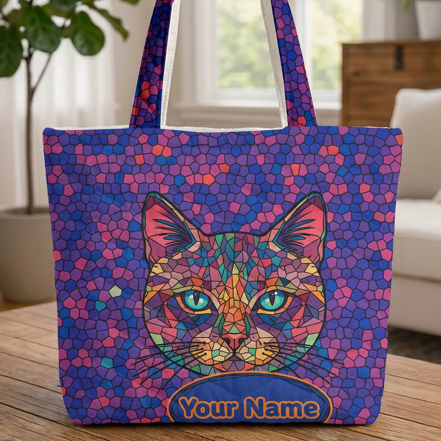 Mosaic Stained Glass Cat Face Personal Name - Everyday Carry Travel Gift for Cat Lover Quilted Tote Bag - 1