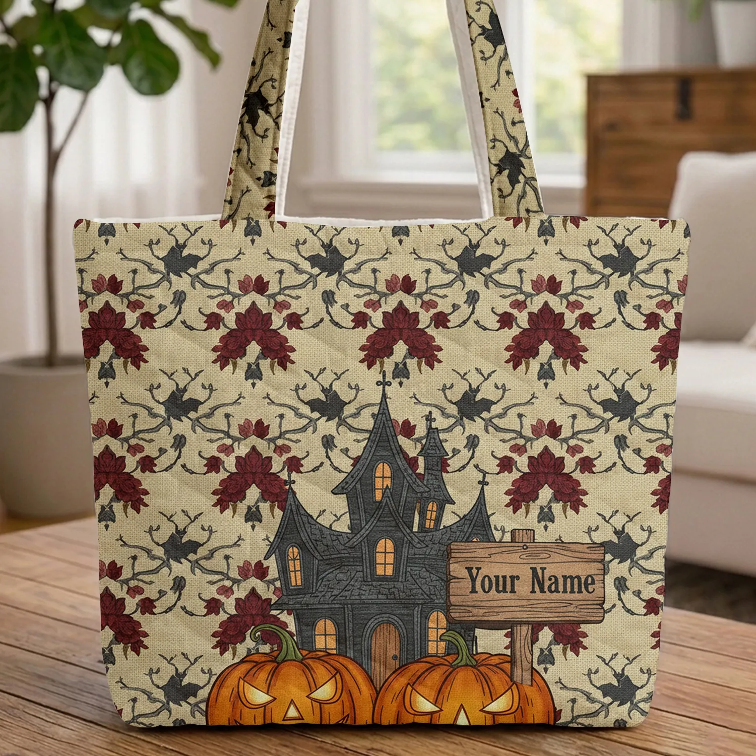 Haunted House Jack-o'-Lanterns Spooky Bats Name Sign - Halloween Carry Gift Quilted Tote Bag - 1
