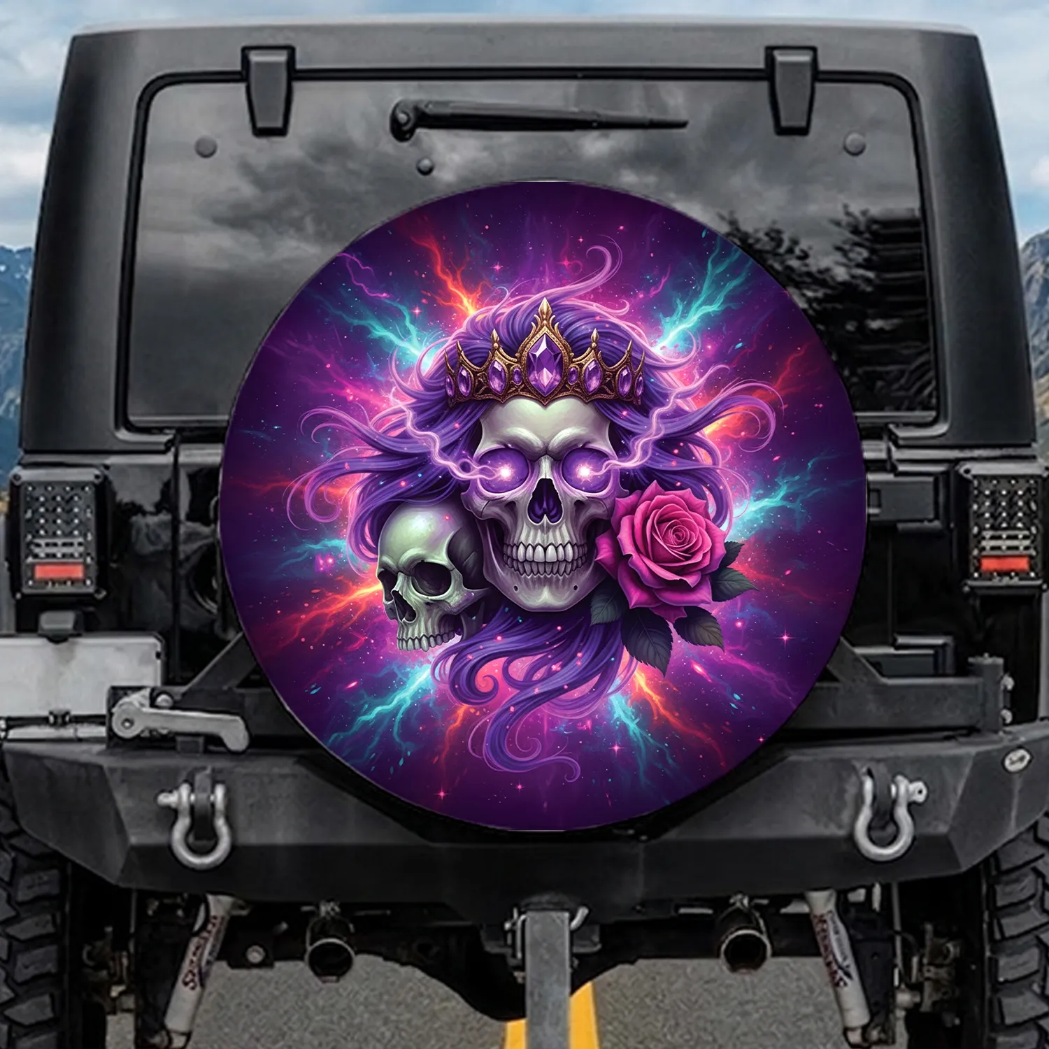 Glowing Purple Skull Golden Crown Rose Nebula - Fantasy Vehicle Decor Spare Tire Cover - 1