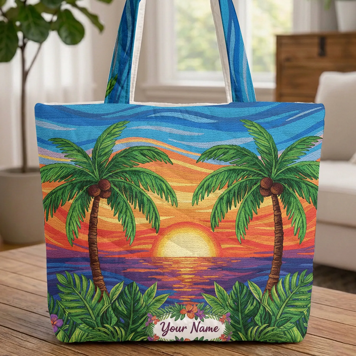 Personalized Tropical Palm Trees Sunset Sky Ocean Leaf Garland - Everyday Carry Gift Quilted Tote Bag - 1