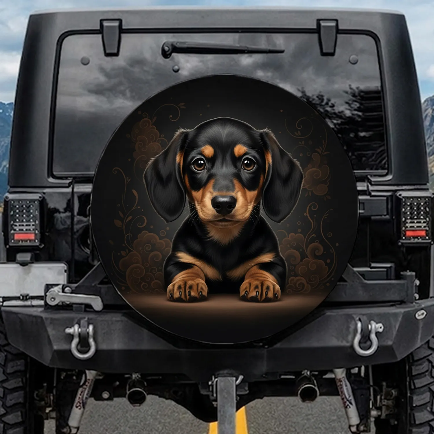 Black Tan Dachshund Puppy with Captivating Eyes - Dog Lover Vehicle Accessory Gift Spare Tire Cover - 1
