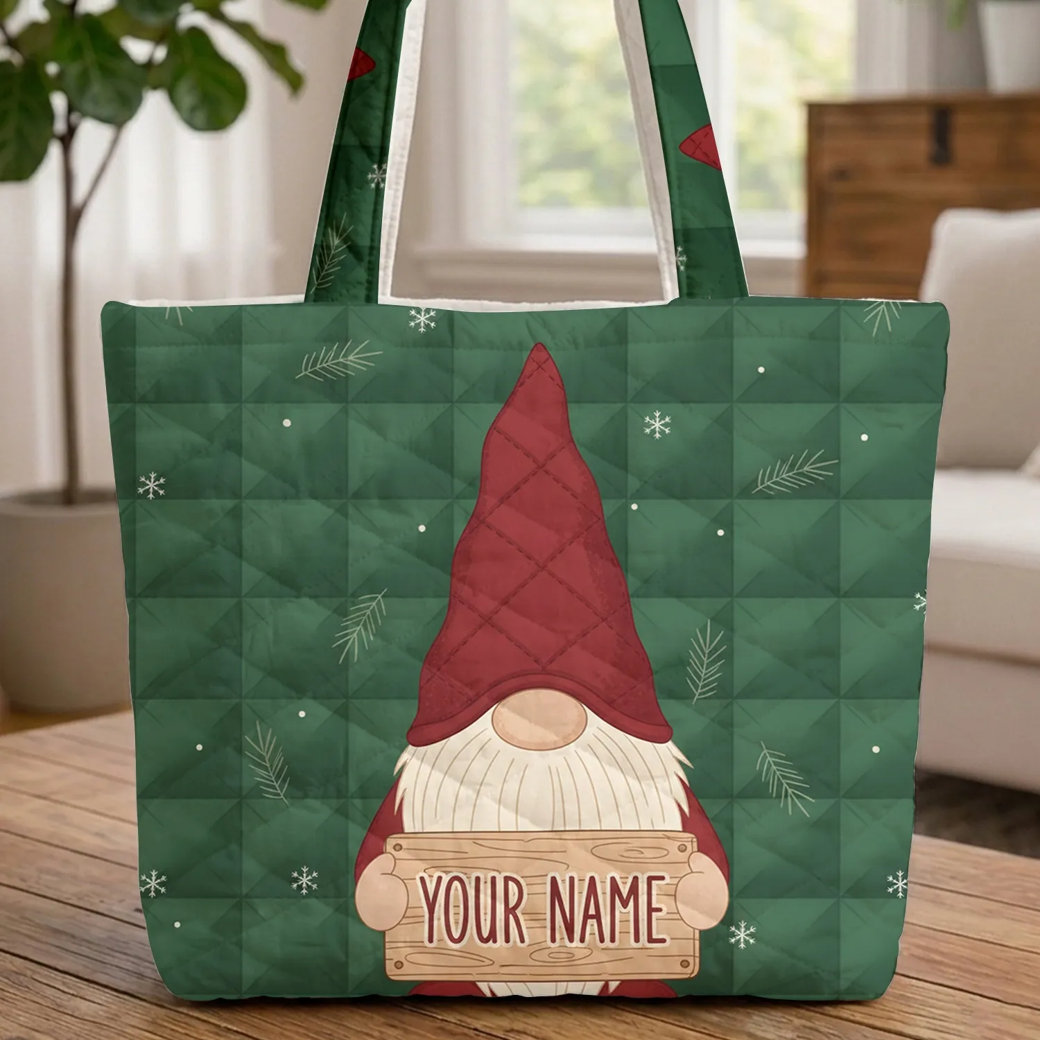 Gnome Winter Snowflakes Wooden Sign Christmas Everyday Carry Travel Gift Quilted Tote Bag - 1