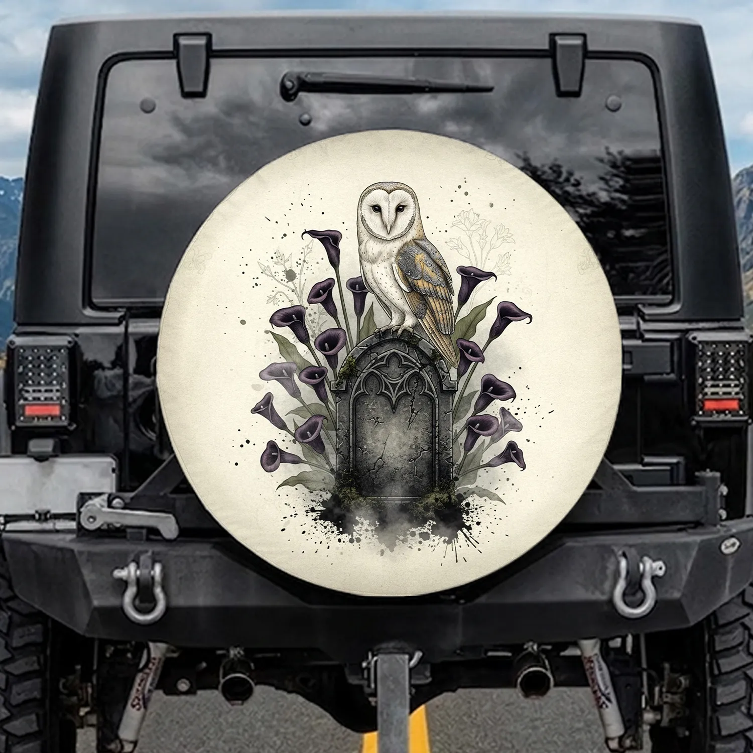 Barn Owl Gothic Gravestone Calla Lilies - Wildlife Lover Car Decor Gift Spare Tire Cover - 1