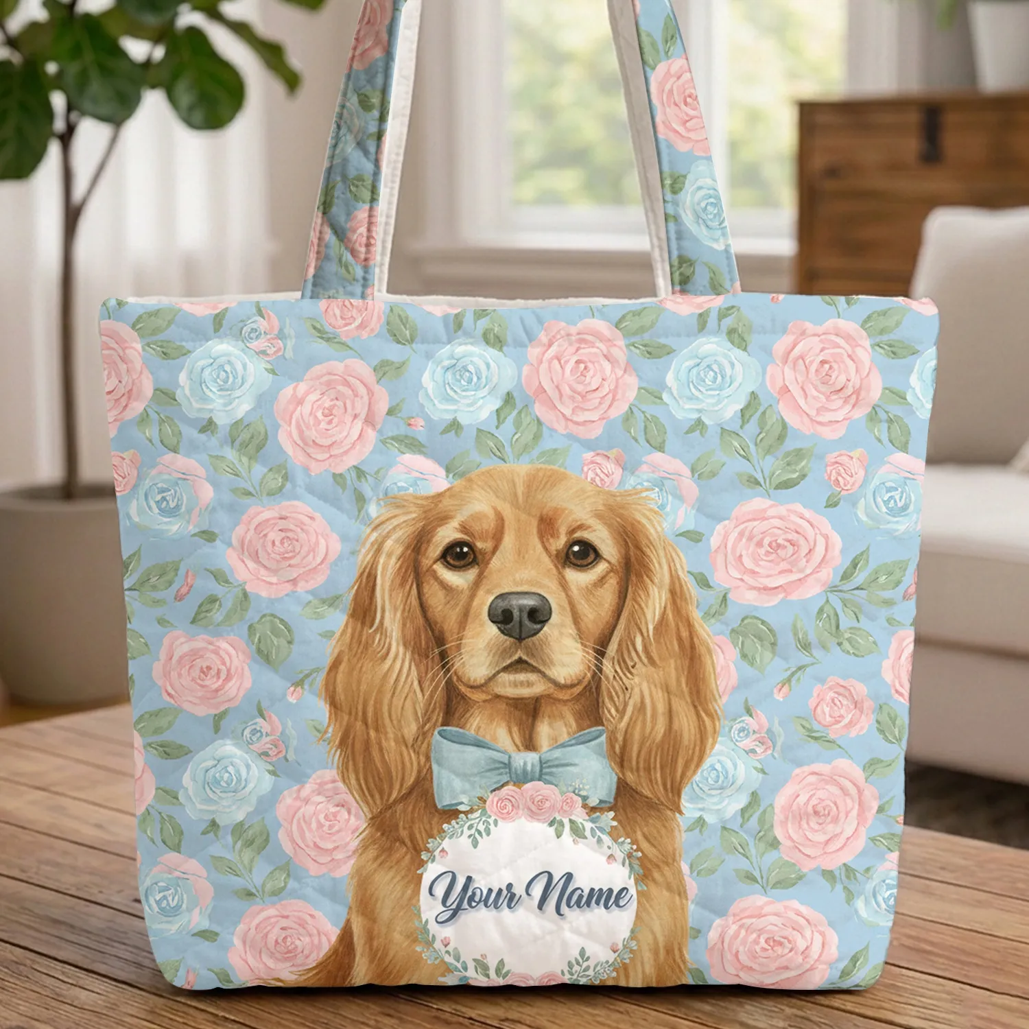 Long Haired Dog Rose Wreath Personalized Name - Everyday Carry Gift for Pet Owners Quilted Tote Bag - 1