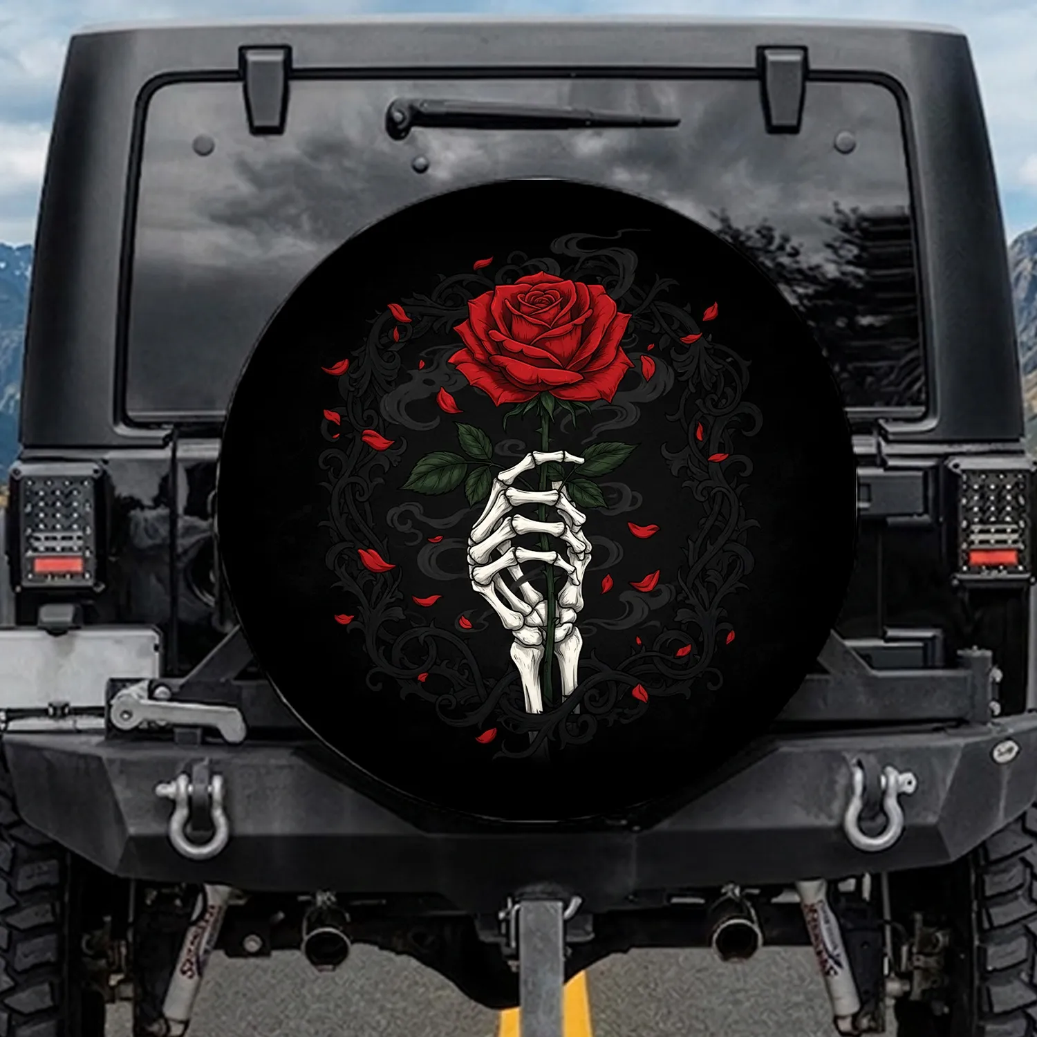 Skeletal Hand Red Rose Gothic Floral - Dark Romantic Car Decor Gift for Gothic Enthusiasts Spare Tire Cover - 1