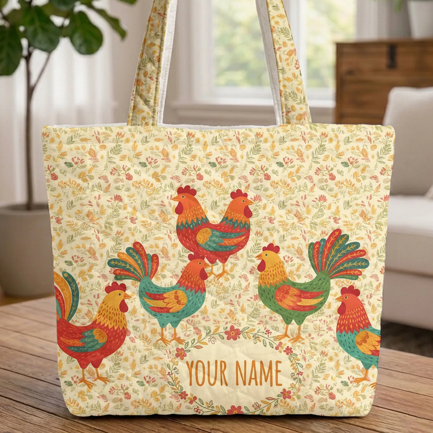 Five Chickens Small Floral Wreath Scattered Leaves Berries Everyday Carry Gift Quilted Tote Bag - 1