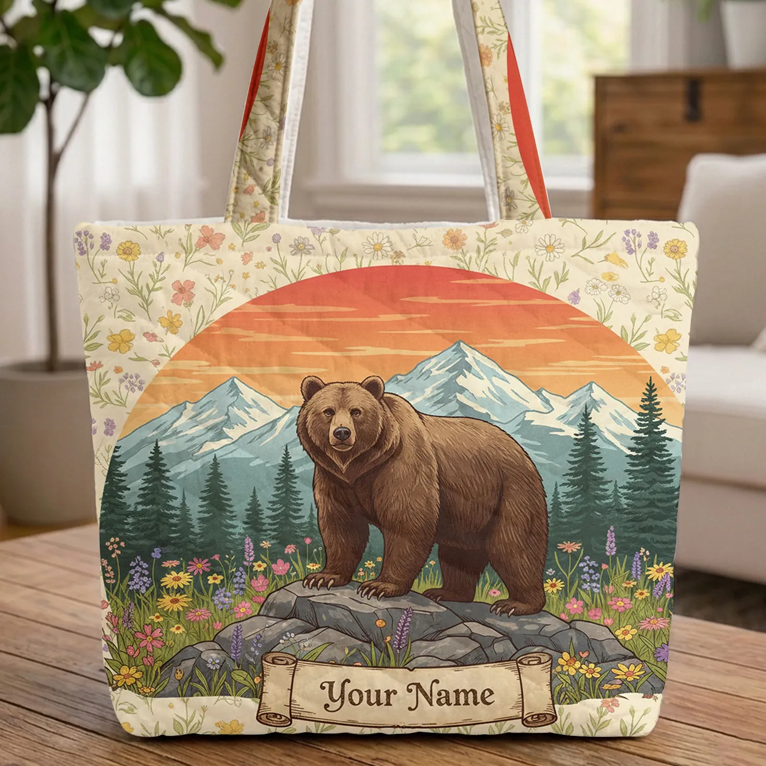Brown Bear Wildflower Mountain Sunset - Wildlife Lover Everyday Carry Gift Quilted Tote Bag - 1