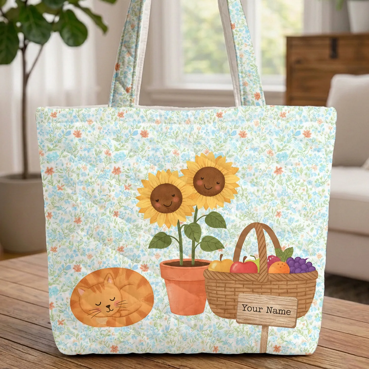 Ginger Cat Sunflowers Picnic Basket Rustic Sign - Farmhouse Everyday Carry Gift Quilted Tote Bag - 1