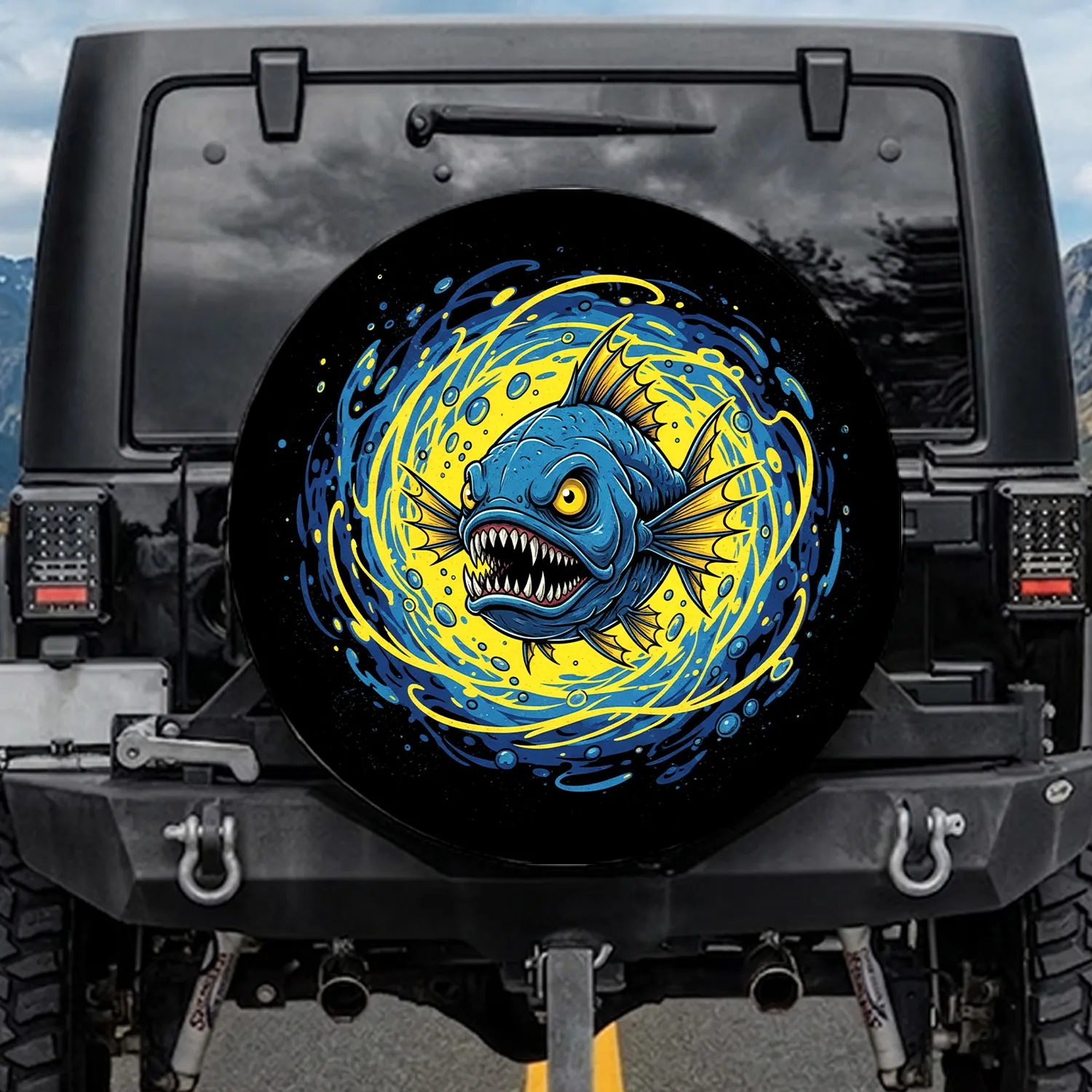 Menacing Blue Deep Sea Fish Electric Yellow Energy - Adventure Seeker Gift Spare Tire Cover - 1