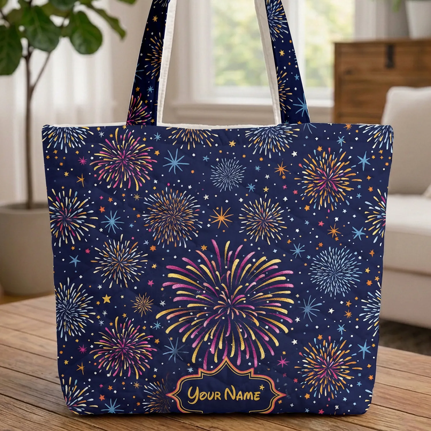 Personalized Fireworks Twinkling Stars Star Cartouche Everyday Carry Gift Quilted Tote Bag - 1