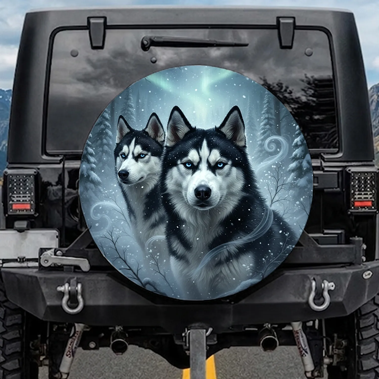 Majestic Siberian Huskies Snowy Winter Forest - Wildlife Lover Dog Owner Gift Spare Tire Cover - 1