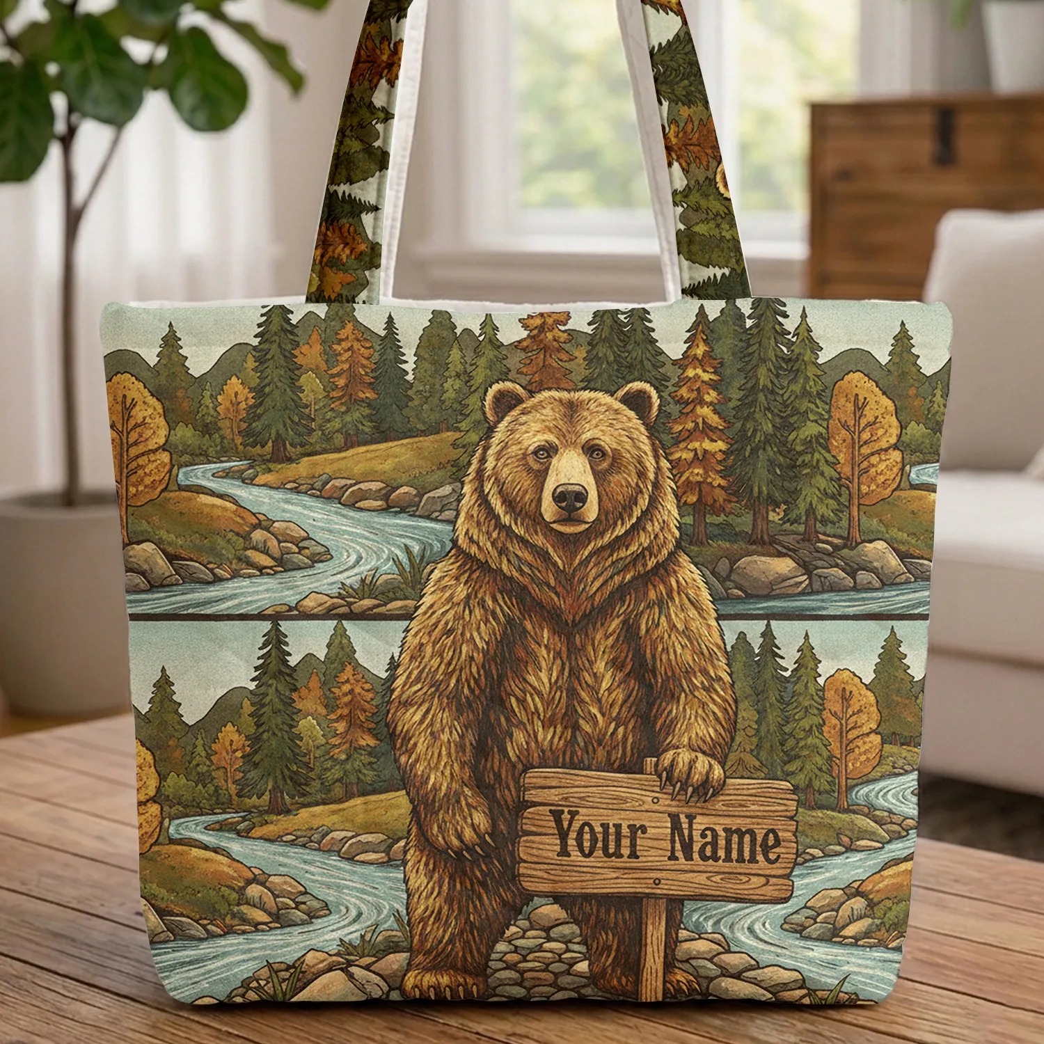 Grizzly Bear Personalized Name Sign Rustic Forest - Wildlife Lover Gift Quilted Tote Bag - 1