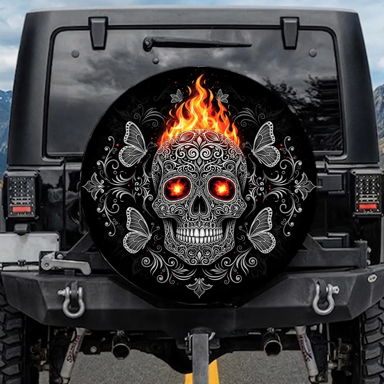 Ornate Sugar Skull Calavera Fiery Flames Monarch Butterfly - Day of the Dead Gift Spare Tire Cover - 1