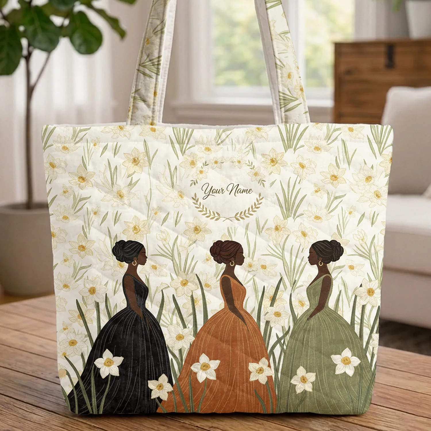 Three Female Figures Daffodil Blossoms Floral Wreath - Everyday Carry Gift for Women Quilted Tote Bag - 1