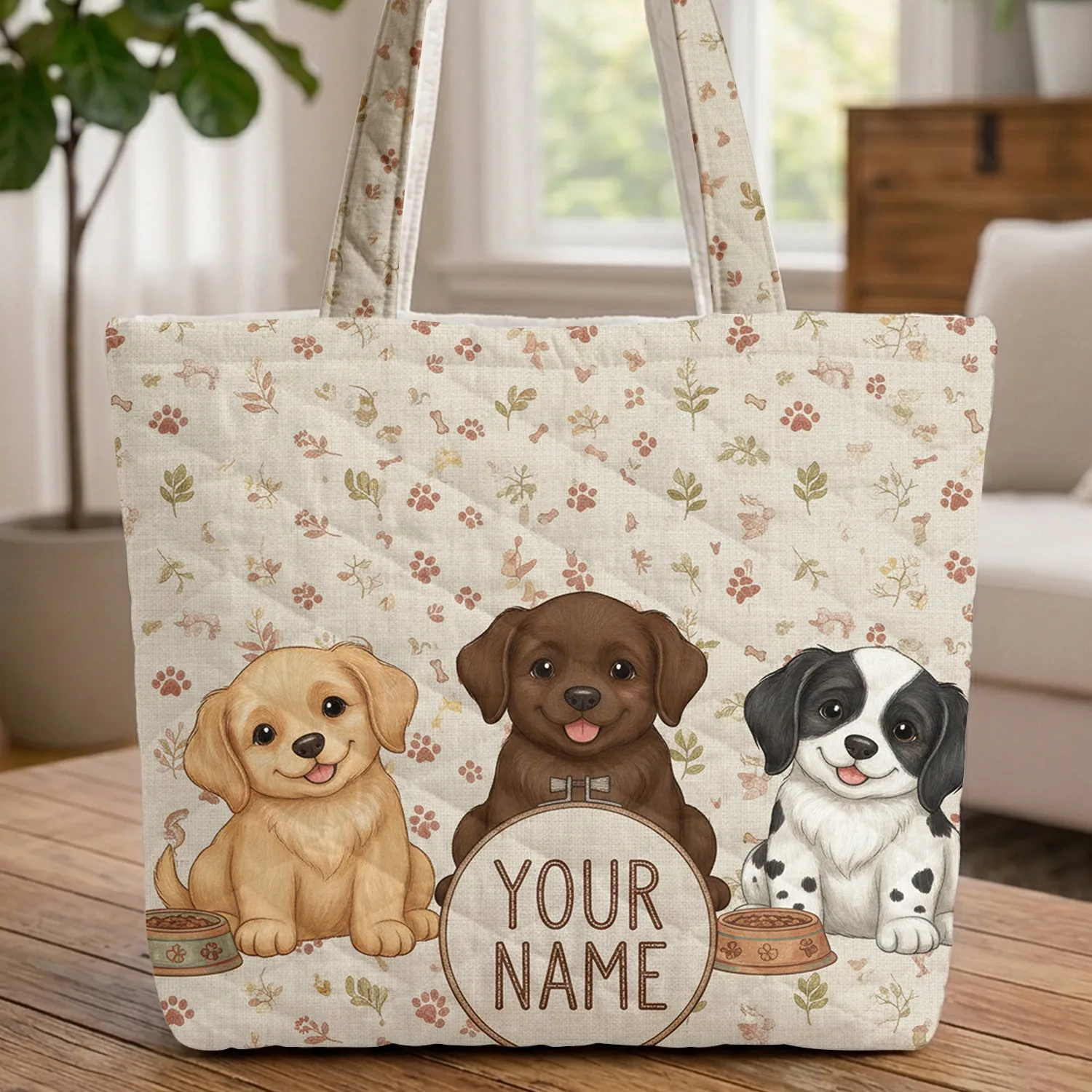 Golden Retriever Labrador Spaniel Puppies Paw Print Dog Bones - Everyday Carry Gift for Dog Moms Quilted Tote Bag - 1