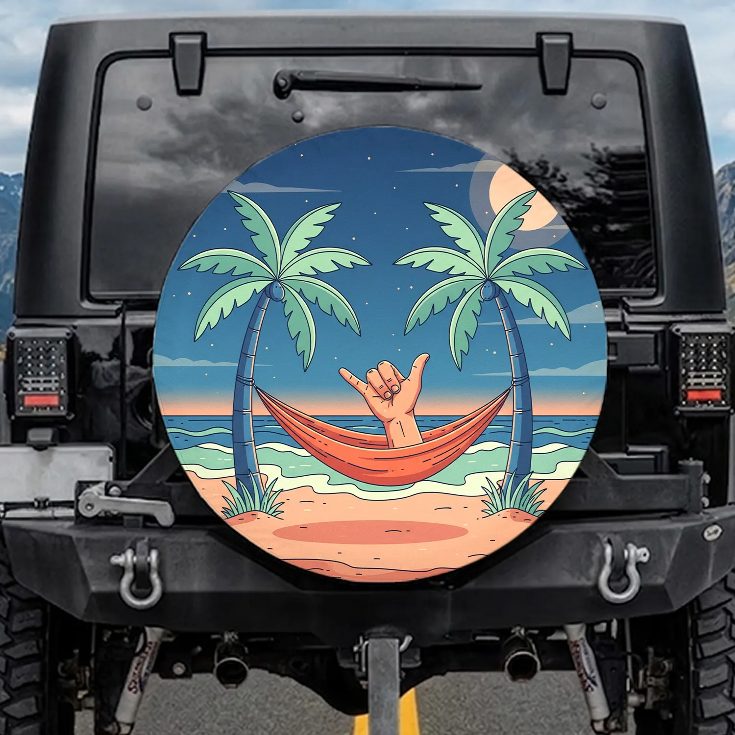 Shaka Hand Palm Trees Hammock Beach Twilight Ocean - Travel Essentials Spare Tire Cover - 1