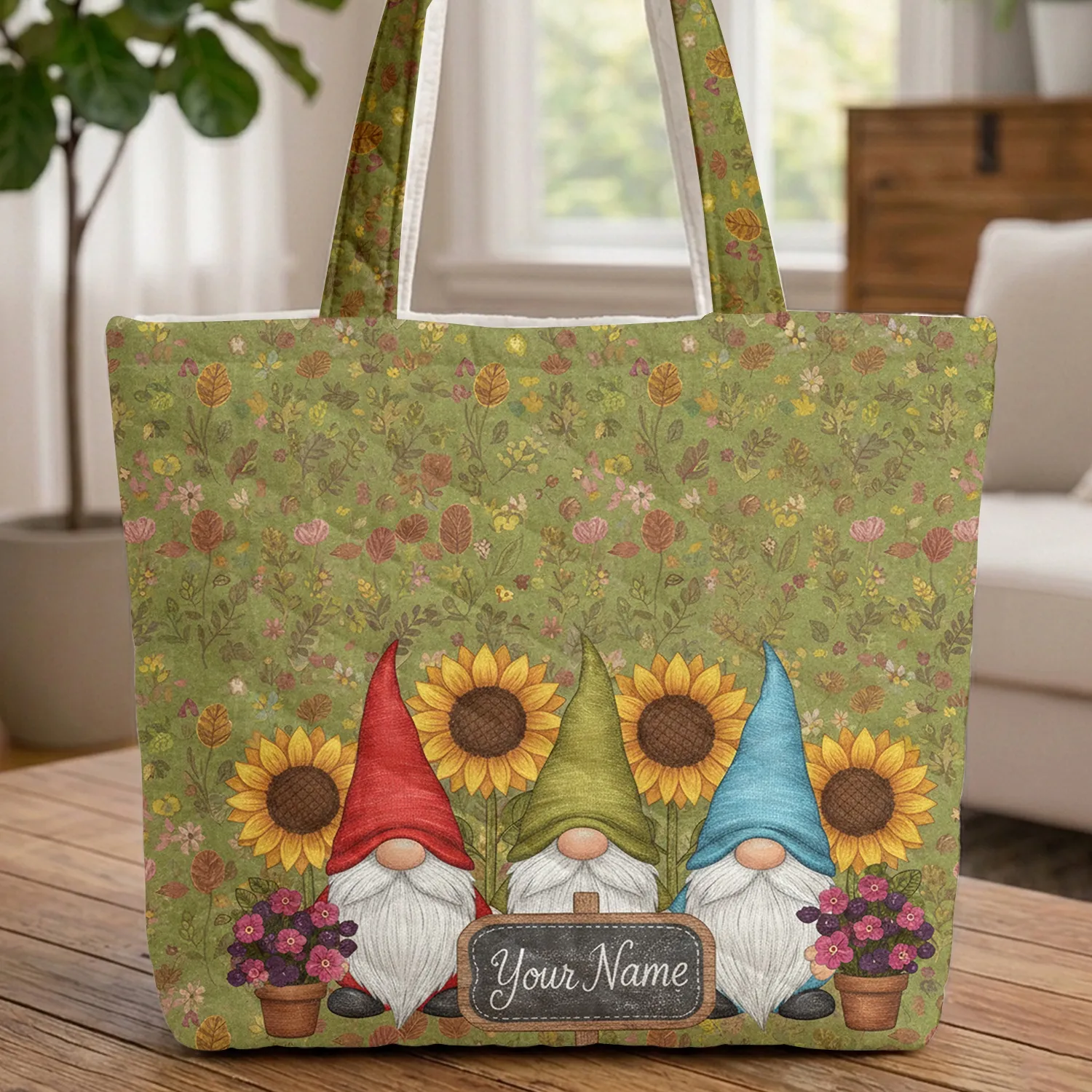 Garden Gnomes Sunflowers Wildflowers Personalized Sign Everyday Carry Gift for Gnome Lover Quilted Tote Bag - 1