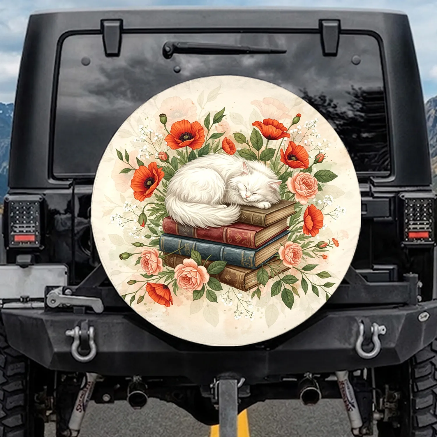 White Cat Sleeping Books Poppies Roses Wildflowers - Cat Lover Car Decor Gift Spare Tire Cover - 1