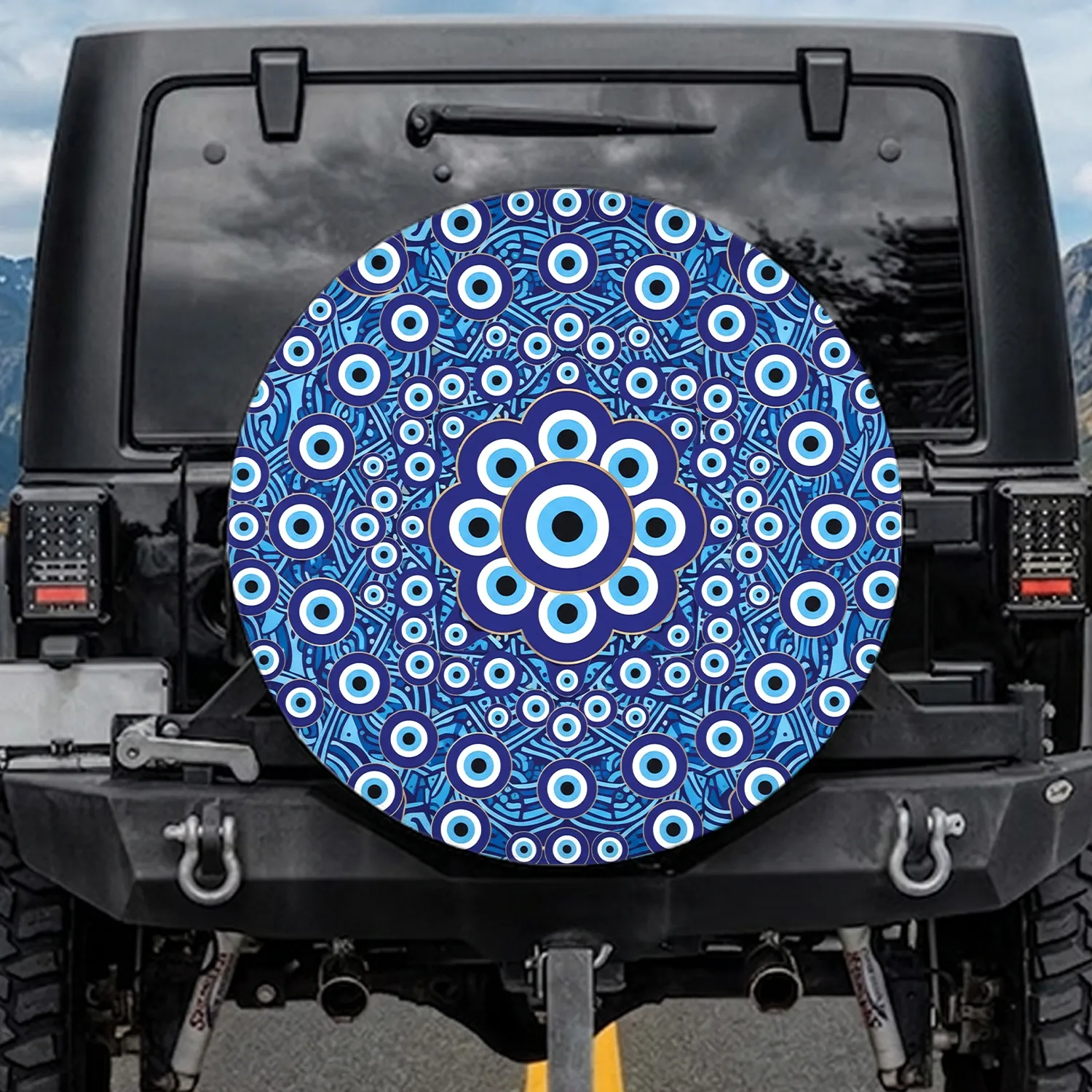 Dense Evil Eyes Wavy Royal Blue Gold Navy White - Protective Car Travel Accessory Spare Tire Cover - 1
