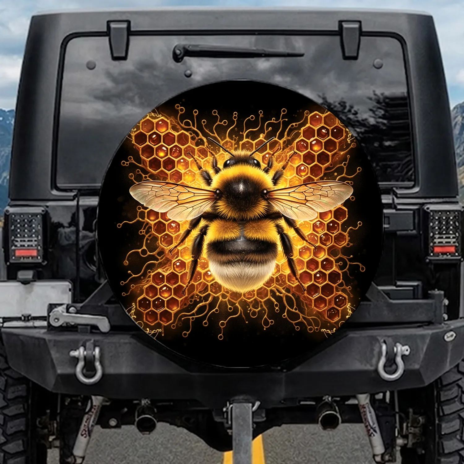 Bumblebee Amber Honey Hexagon Lattice Golden Honeycomb - Wildlife Lover Gift Spare Tire Cover - 1