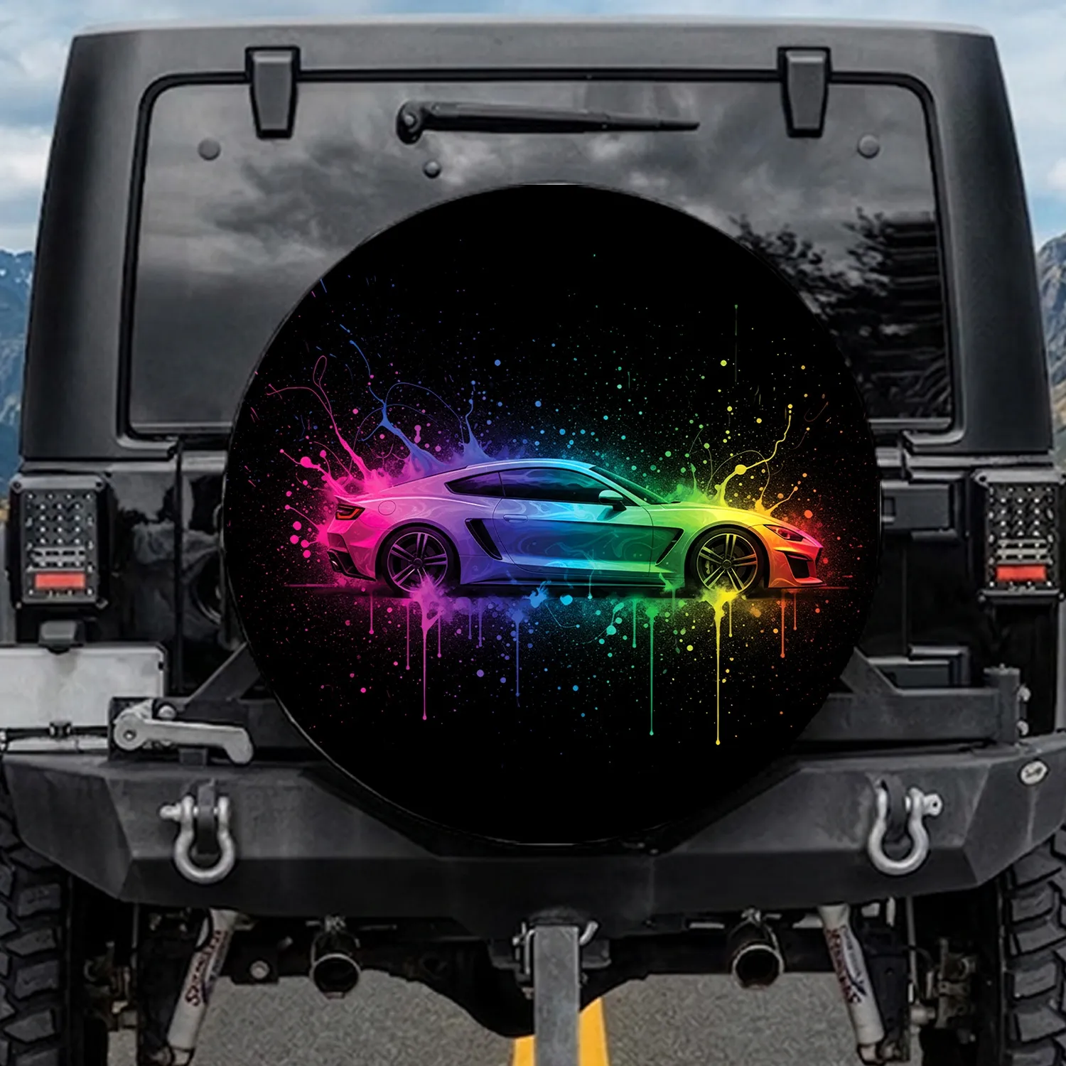 Rainbow Glowing Sports Car Paint Burst - Automotive Lover Gift Spare Tire Cover - 1