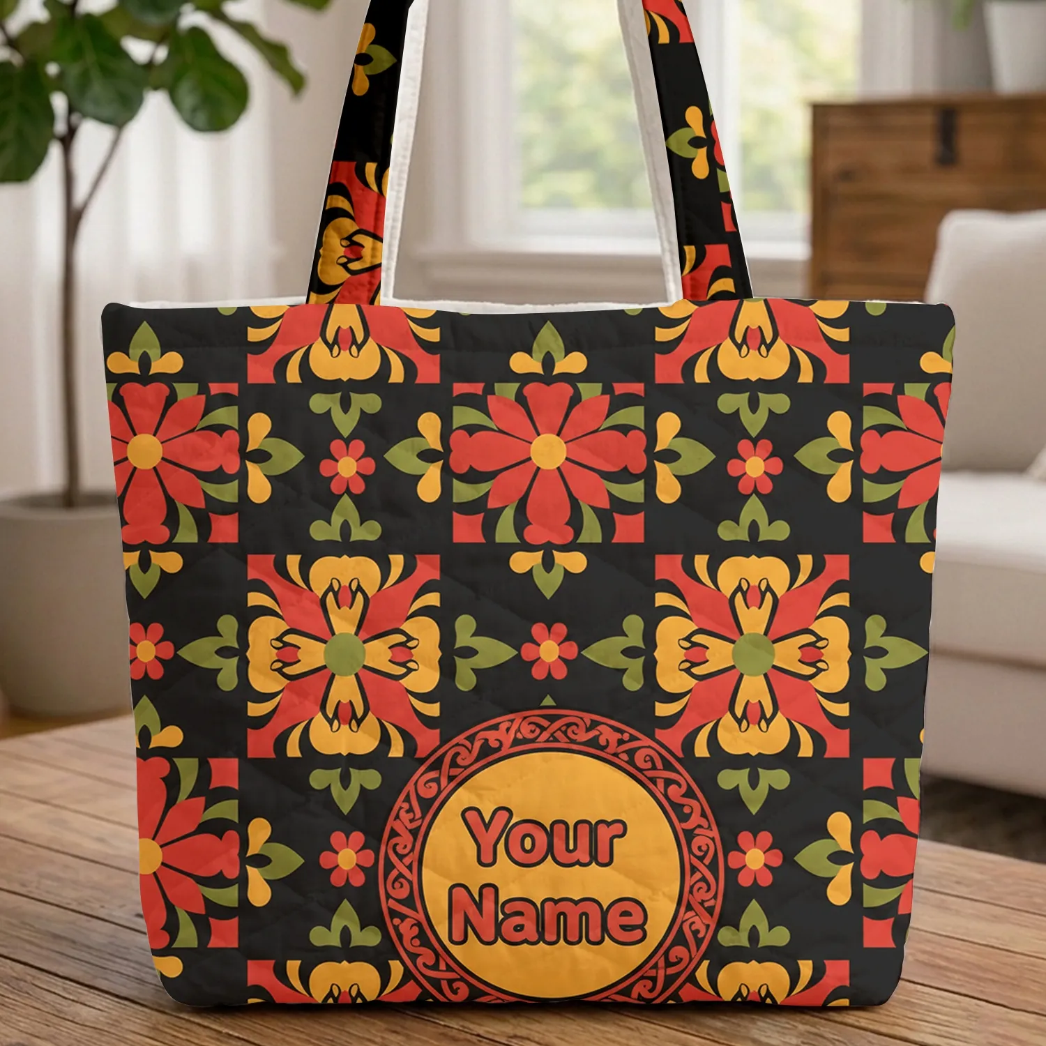 Folk Art Geometric Tile Red Orange Yellow Multi-Petal Flower Medallion Everyday Carry Gift Quilted Tote Bag - 1