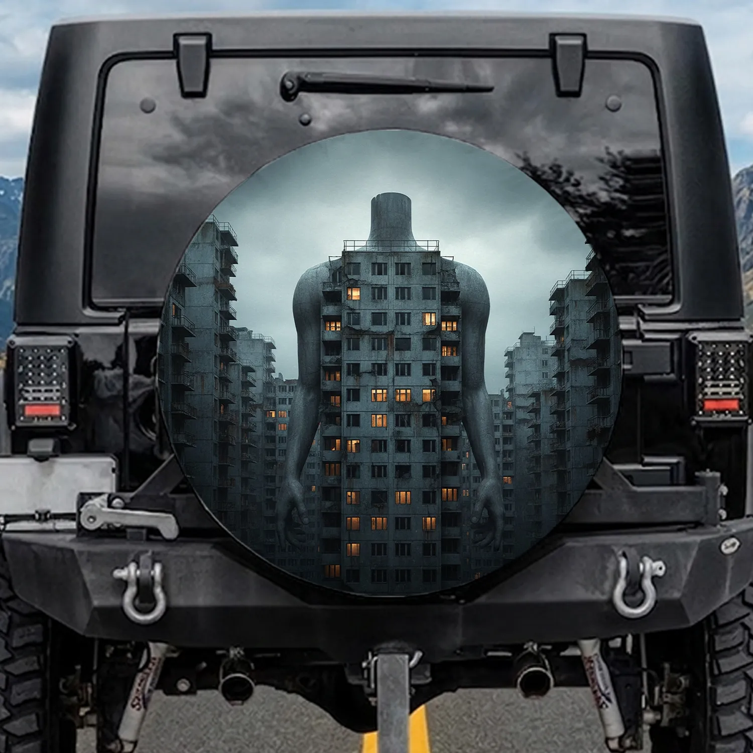 Crumbling Brutalist Building Torso Human Hands - Urban Life Decor Gift Spare Tire Cover - 1