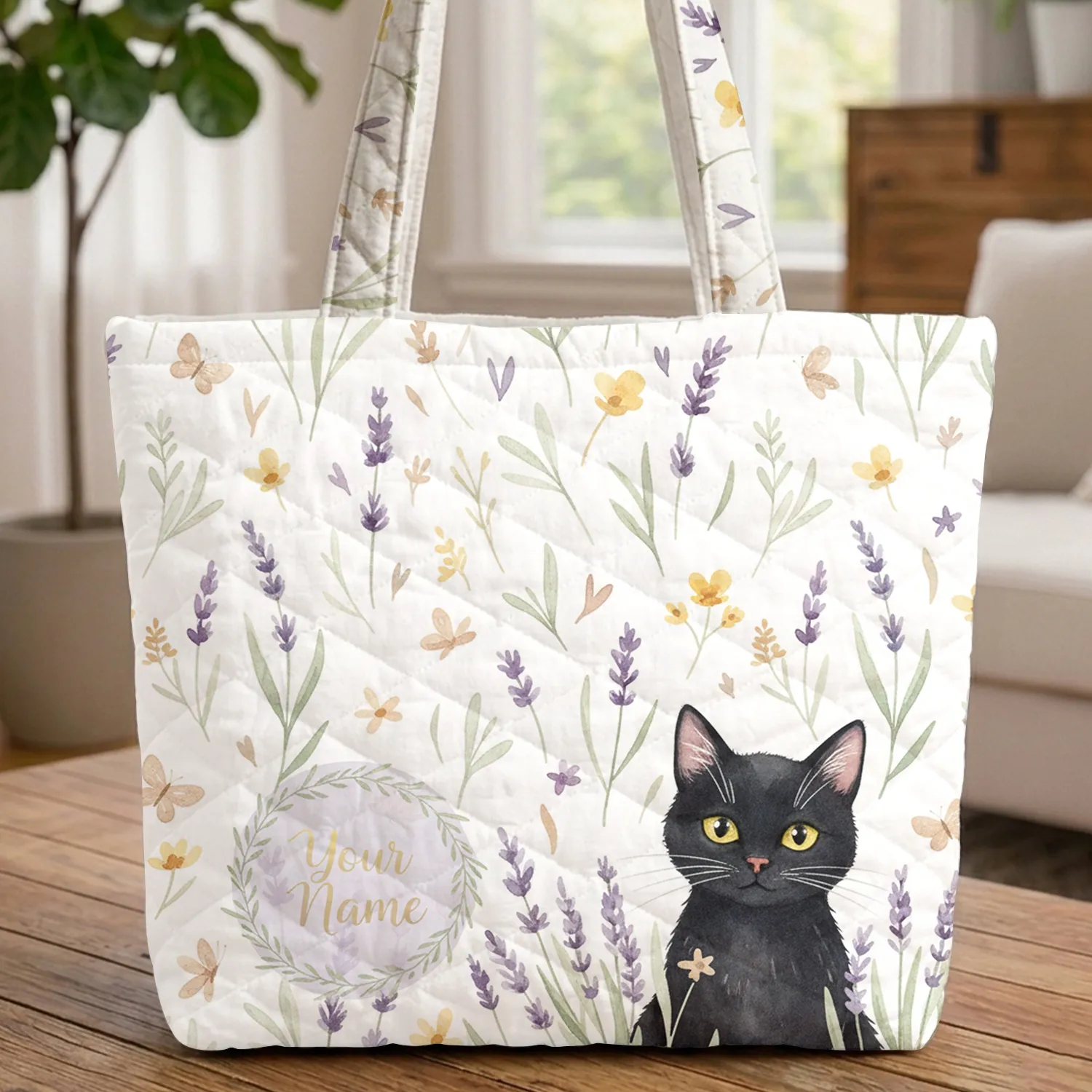 Black Cat Lavender Wildflower Butterflies Personal Everyday Carry Gift for Cat Lovers Quilted Tote Bag - 1
