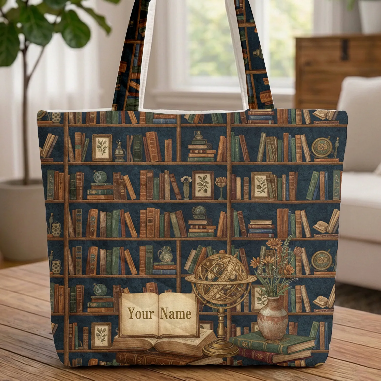 Personalized Name Open Book Bookshelf Globe Wildflowers - Everyday Carry Gift Quilted Tote Bag - 1