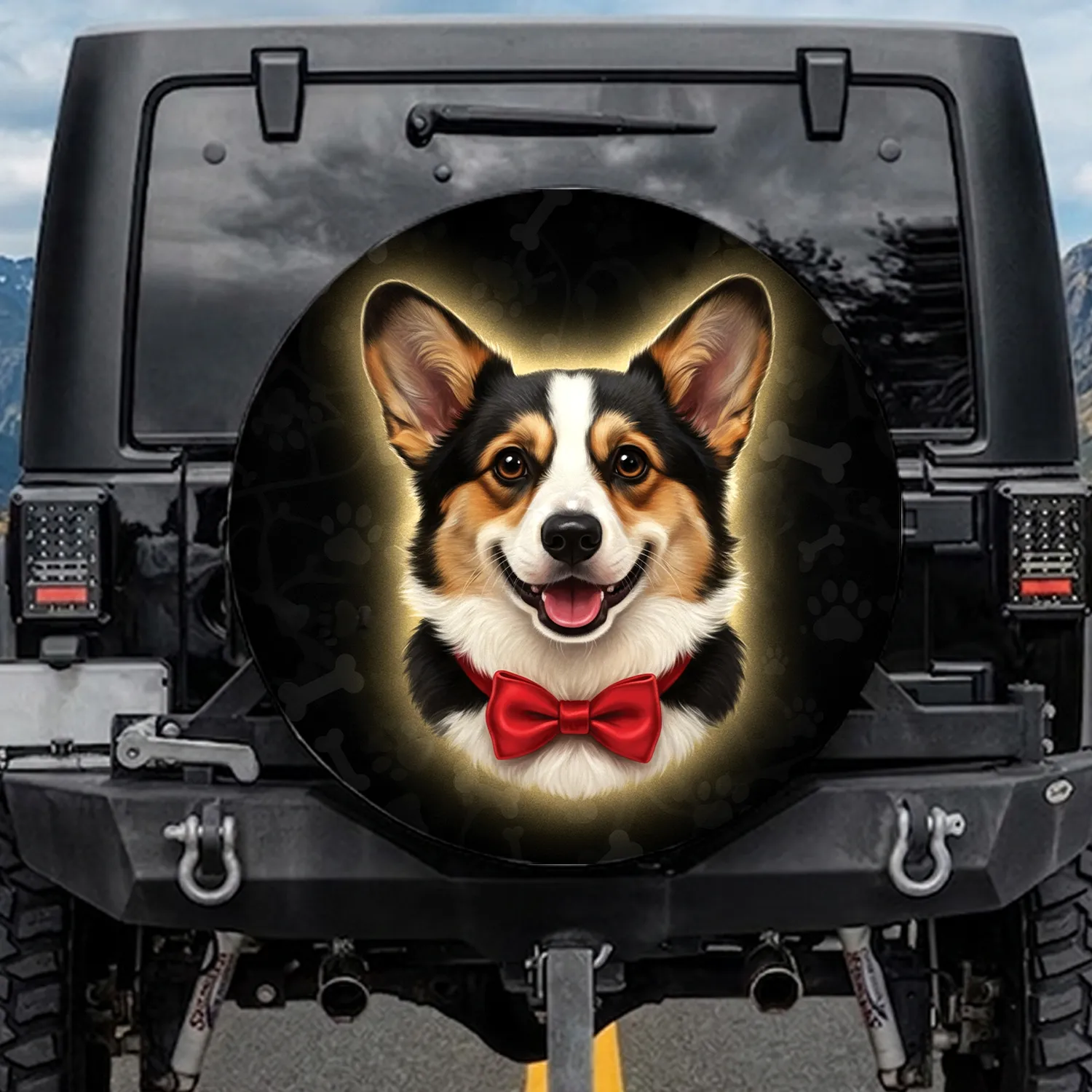 Welsh Corgi Dog Red Bow Tie Paw Print Bones Black Background - Dog Lover Gift Spare Tire Cover - 1