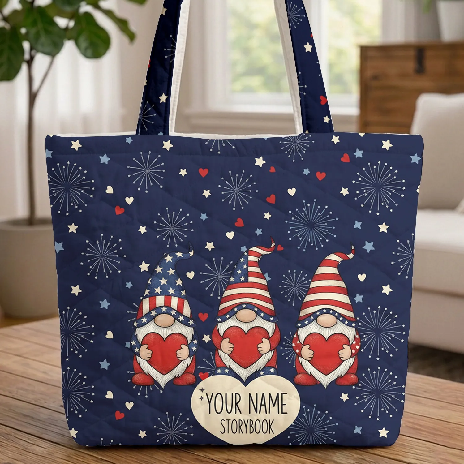 Patriotic Gnomes Stars Stripes Fireworks Hearts Independence Day Celebration Everyday Carry Gift Quilted Tote Bag - 1