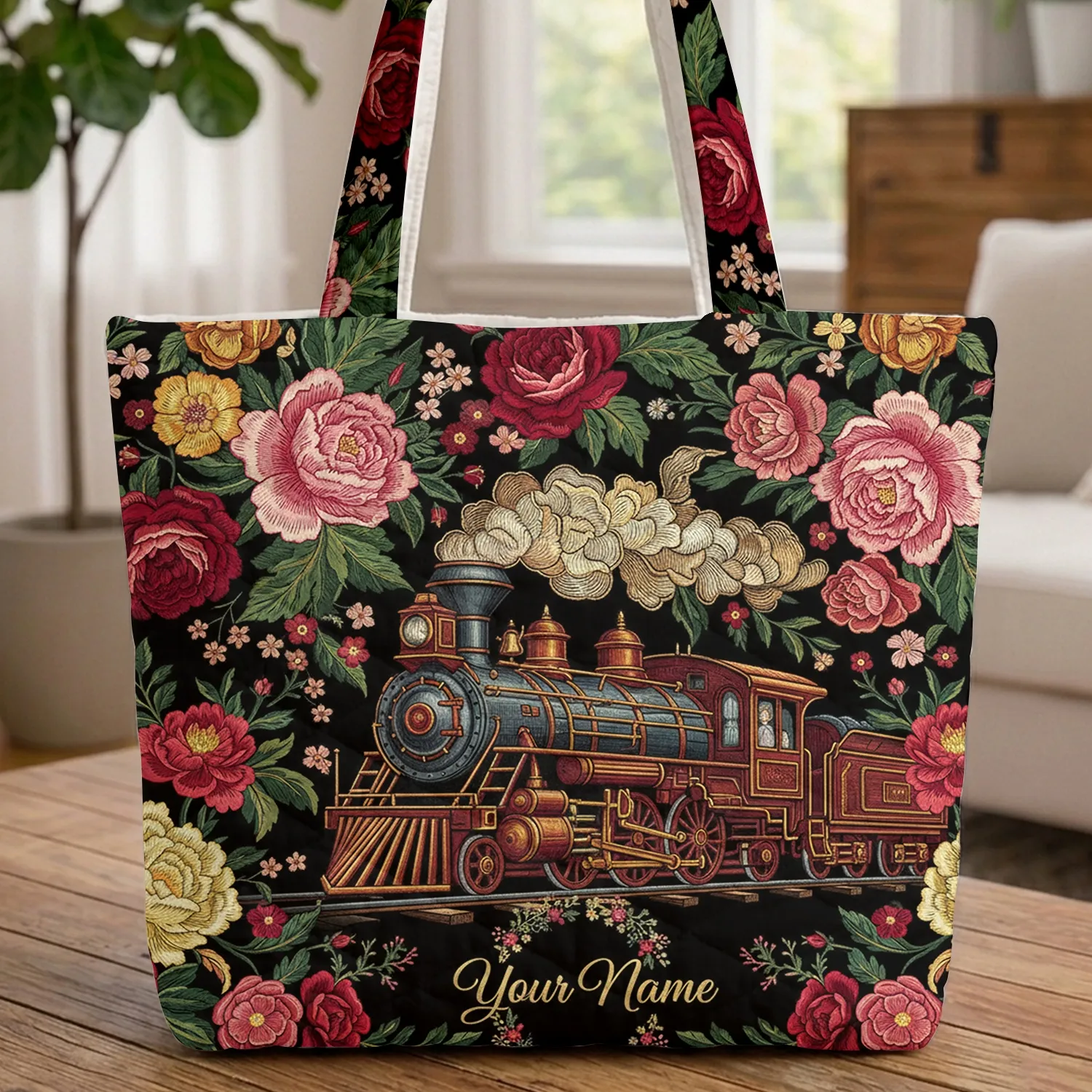 Ornate Vintage Steam Train Botanical Floral - Everyday Carry Gift for Train Lover Quilted Tote Bag - 1